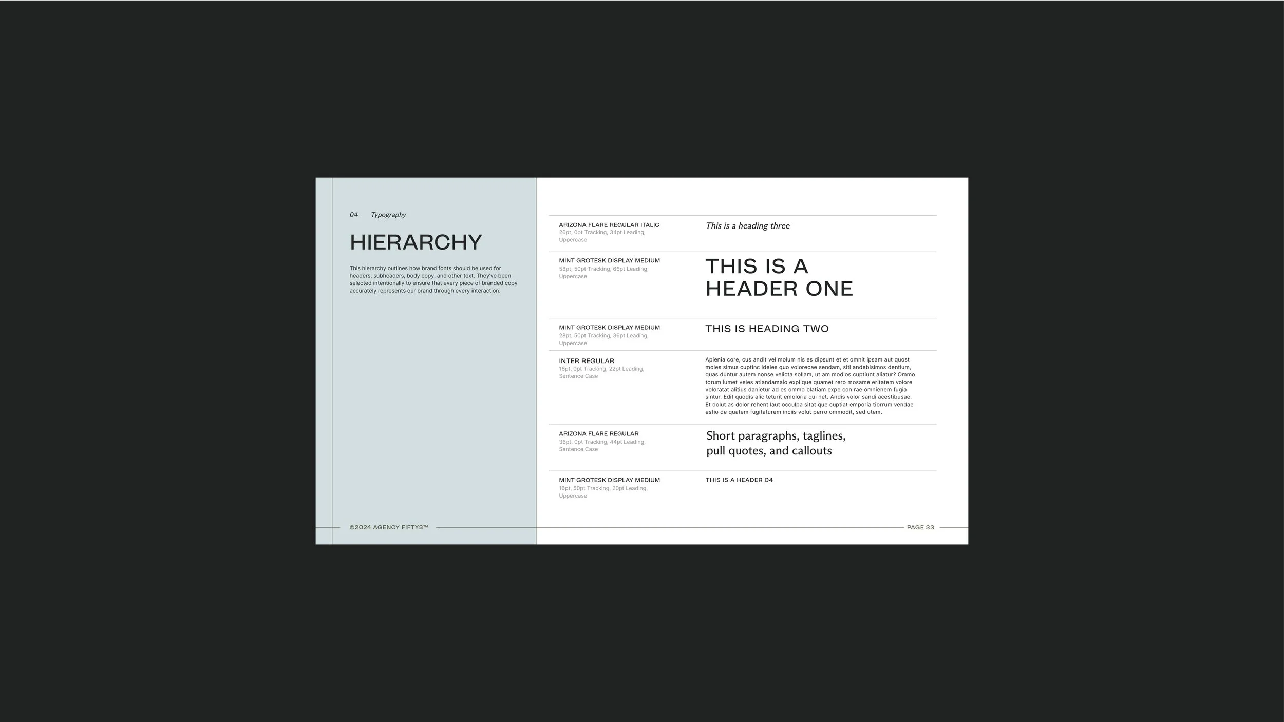 A digital screenshot of a document layout showing typographic hierarchy guidelines. The document features various headers and body text examples, with a left sidebar in light gray including the title 'HIERARCHY' and a descriptive paragraph, while the