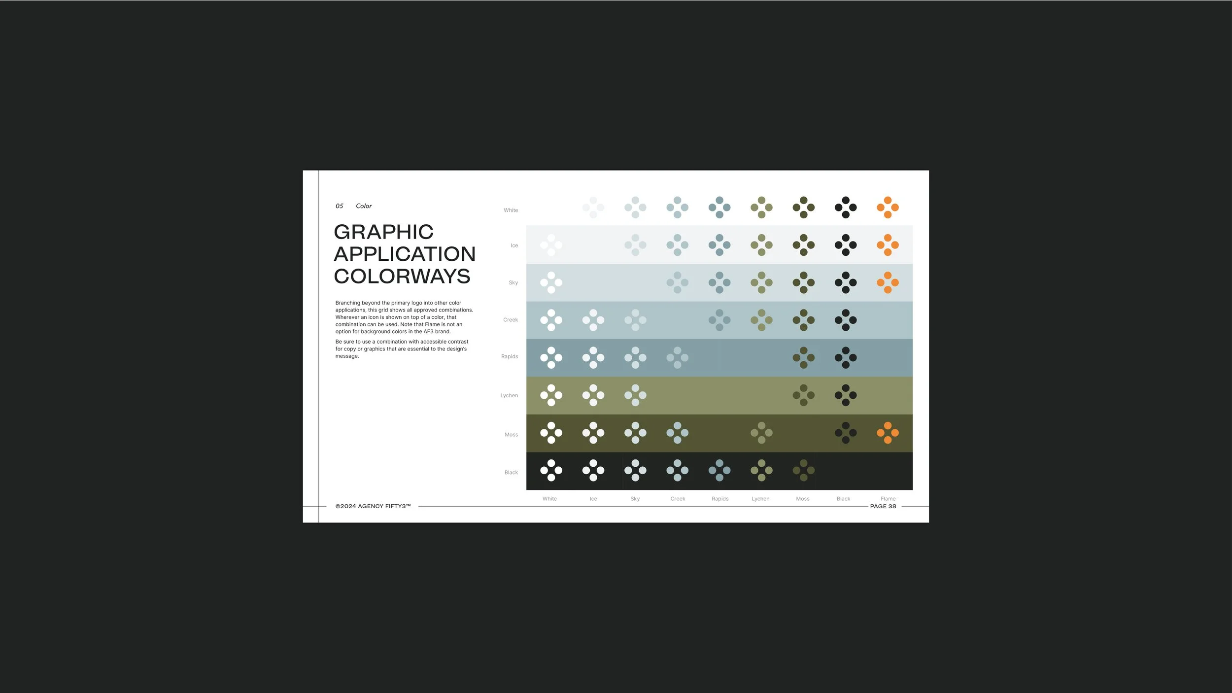 A color palette chart showing various color combinations for graphic applications, including white, ice, sky, creek, rapids, lychen, moss, black, and flame with corresponding colored color dots.