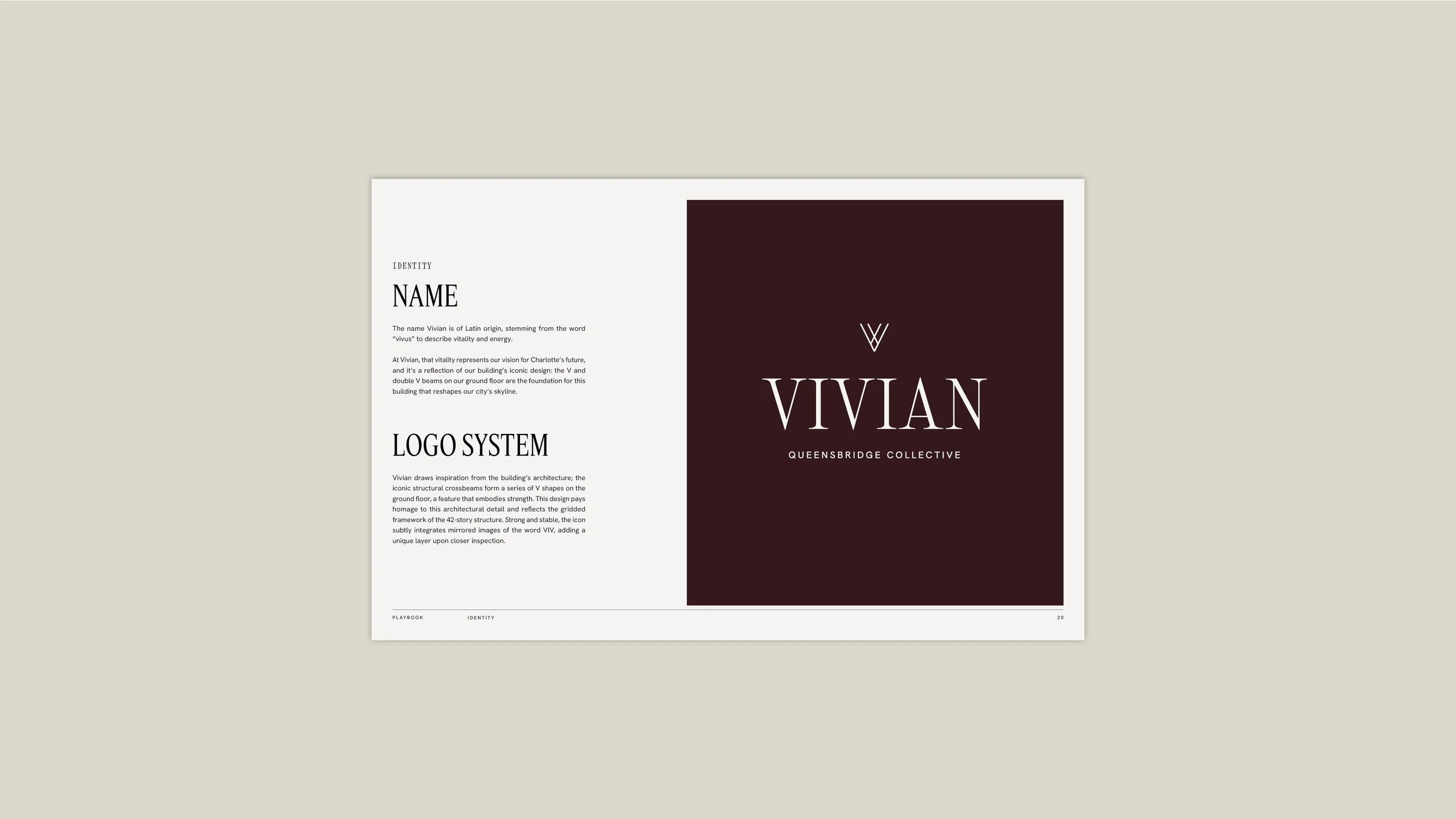 Design document with text sections titled 'Name' and 'Logo System' and a dark maroon square with white 'Vivian' and 'Queensbridge Collective' logos, on a beige background.