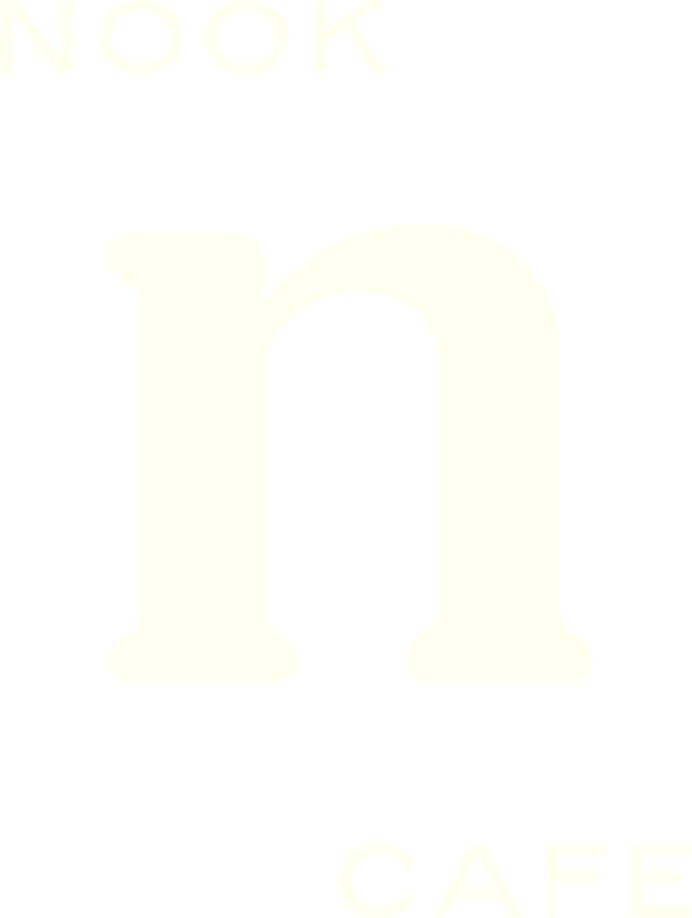 Logo of Nook Cafe with a large lowercase 'n' in the center, black background, and 'NOOK' at the top and 'CAFE' at the bottom in white text.