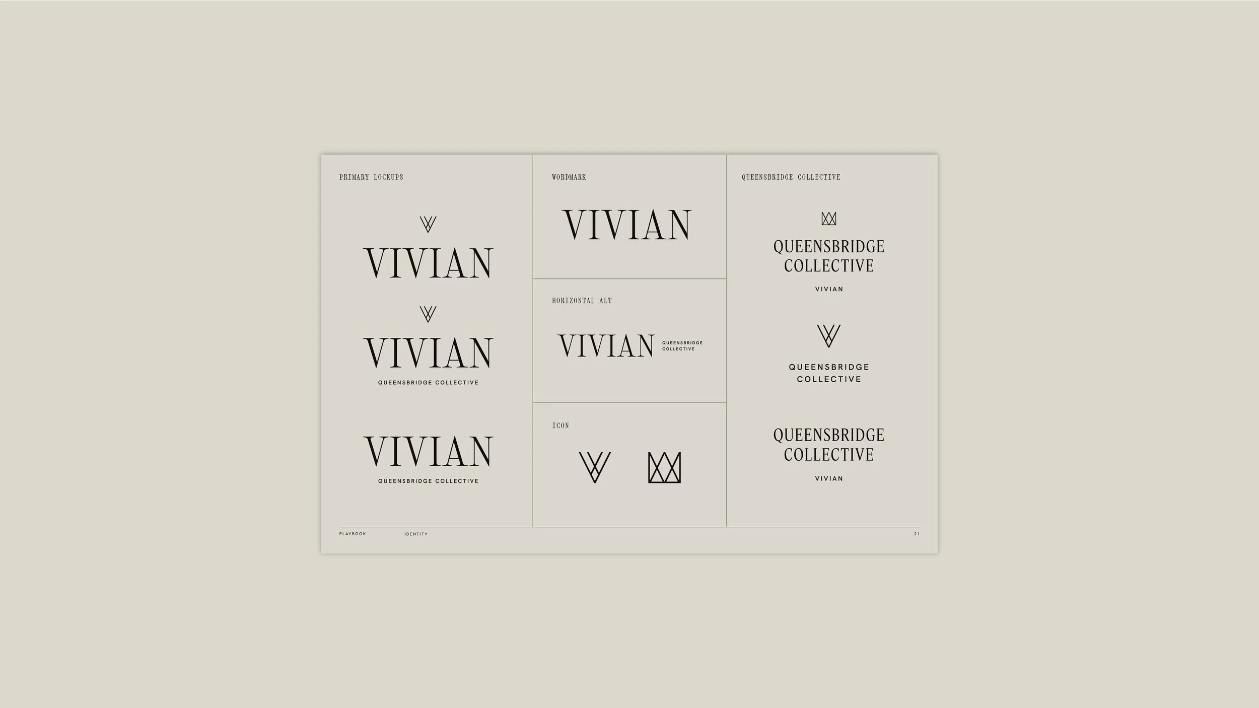 Design board showing logo concepts for Vivian, including primary lockups, wordmark, Queensbridge Collective, horizontal alt, icon, and variations with different fonts and symbols, on a light background.