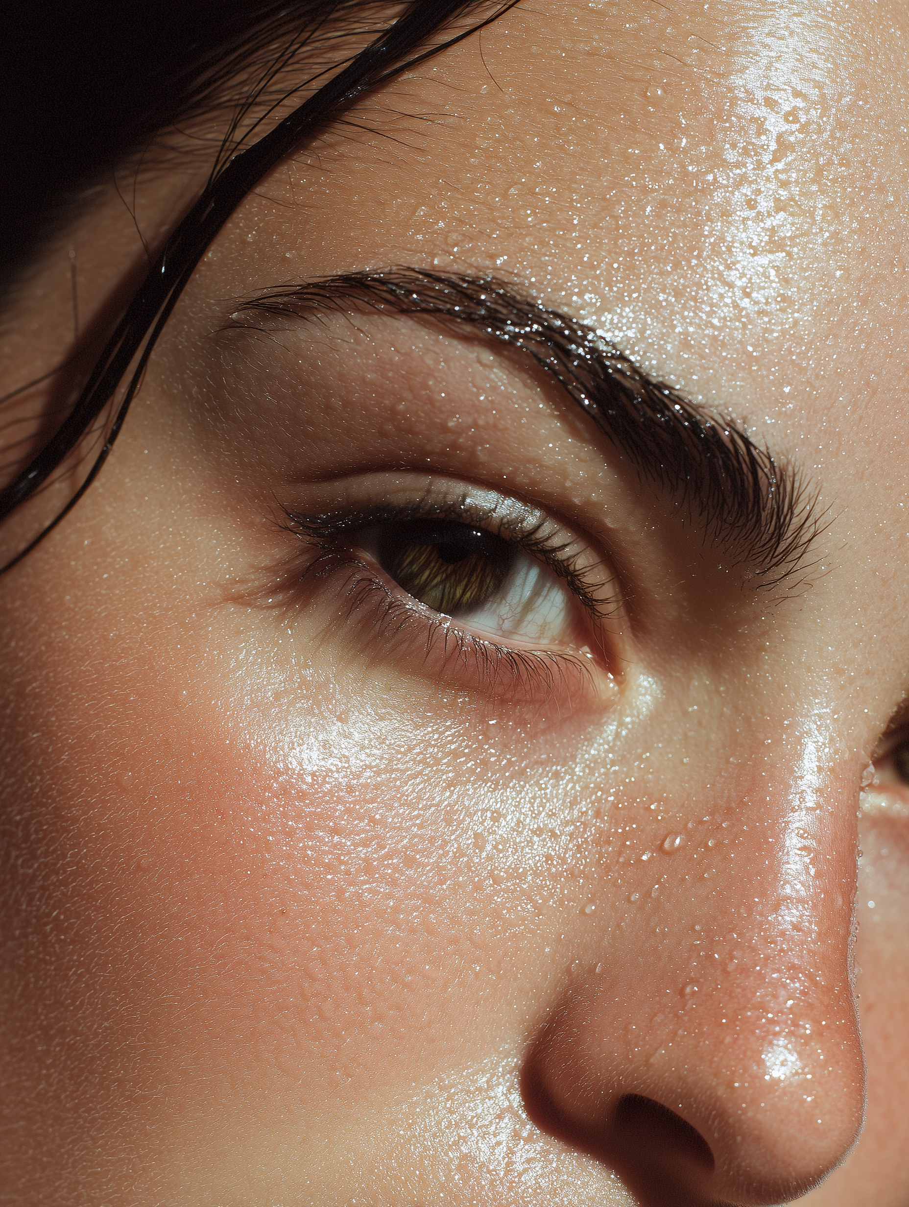 Close-up of a person's face, focusing on the eye, eyebrow, and part of the nose, with visible skin texture and shiny complexion.