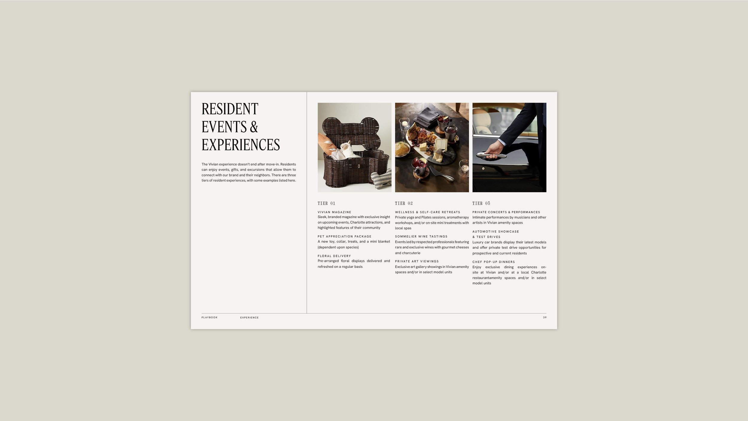 A brochure page titled 'Resident Events & Experiences' with three photos at the top. The first photo shows a wicker basket, the second photo features a table of desserts and snacks, and the third photo shows a person in a suit opening a car door. The