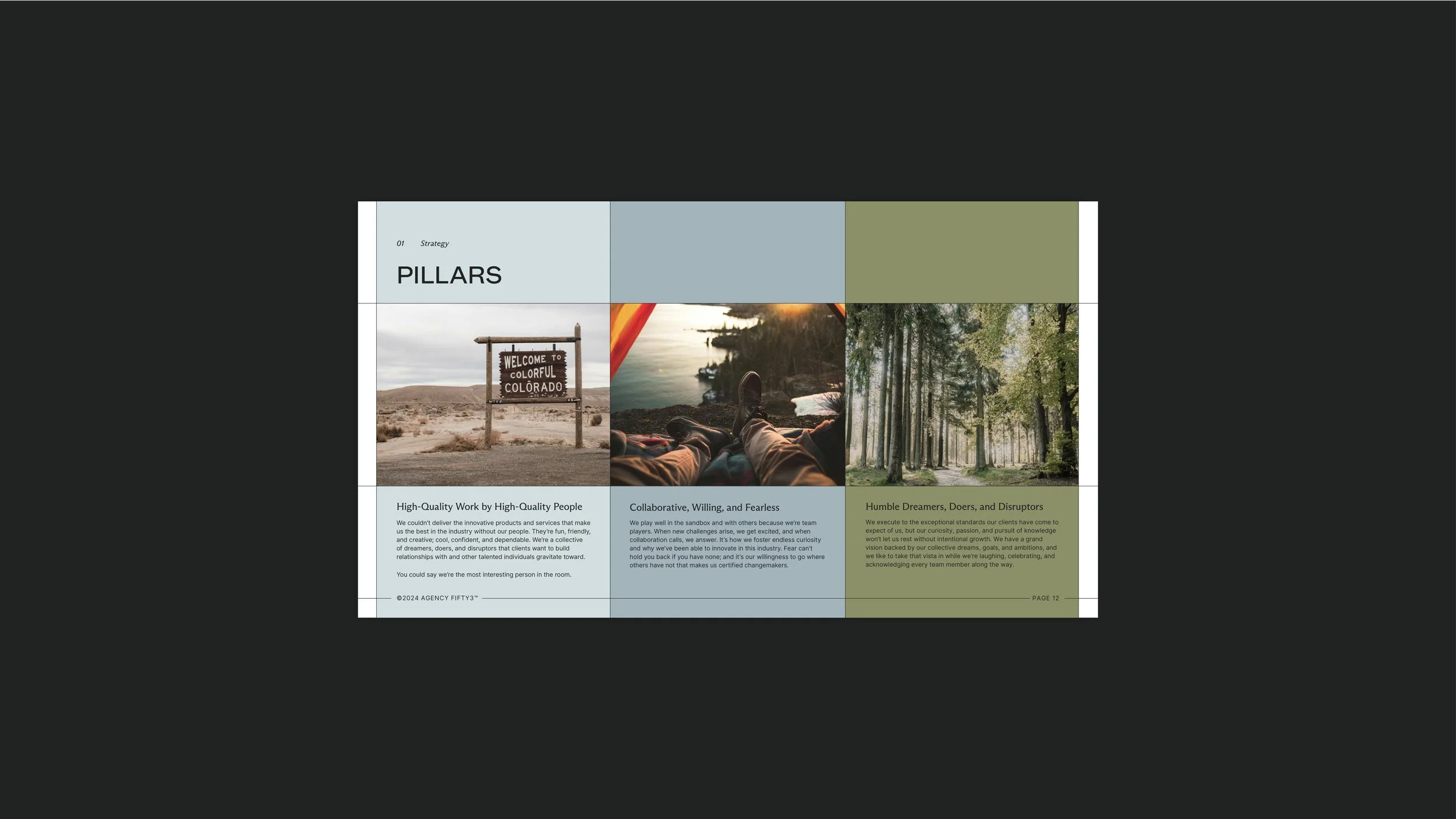 A presentation slide titled 'PILLARS' with three sections: a desert with a welcome sign for Colorado, a person relaxing with a view of cliffs at sunset, and a forest with tall trees. Each section has descriptive text about qualities like high-quality