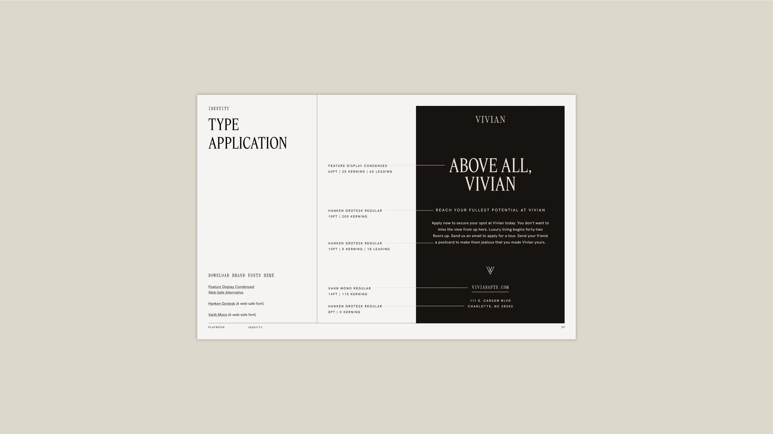 A design layout showing an identity application for Vivian. It includes sections with fonts, sizes, application details, and a black rectangular area with white text that says, "Above all, Vivian," followed by a description and a website, address, an