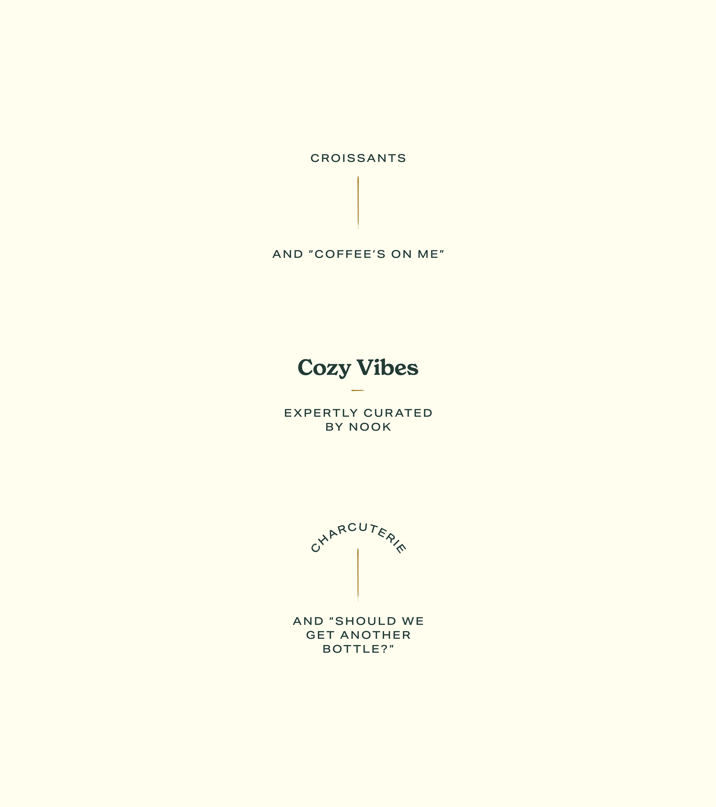 Minimalist card with text about cozy vibes, croissants, coffee, charcuterie, and questions about getting another bottle of wine.