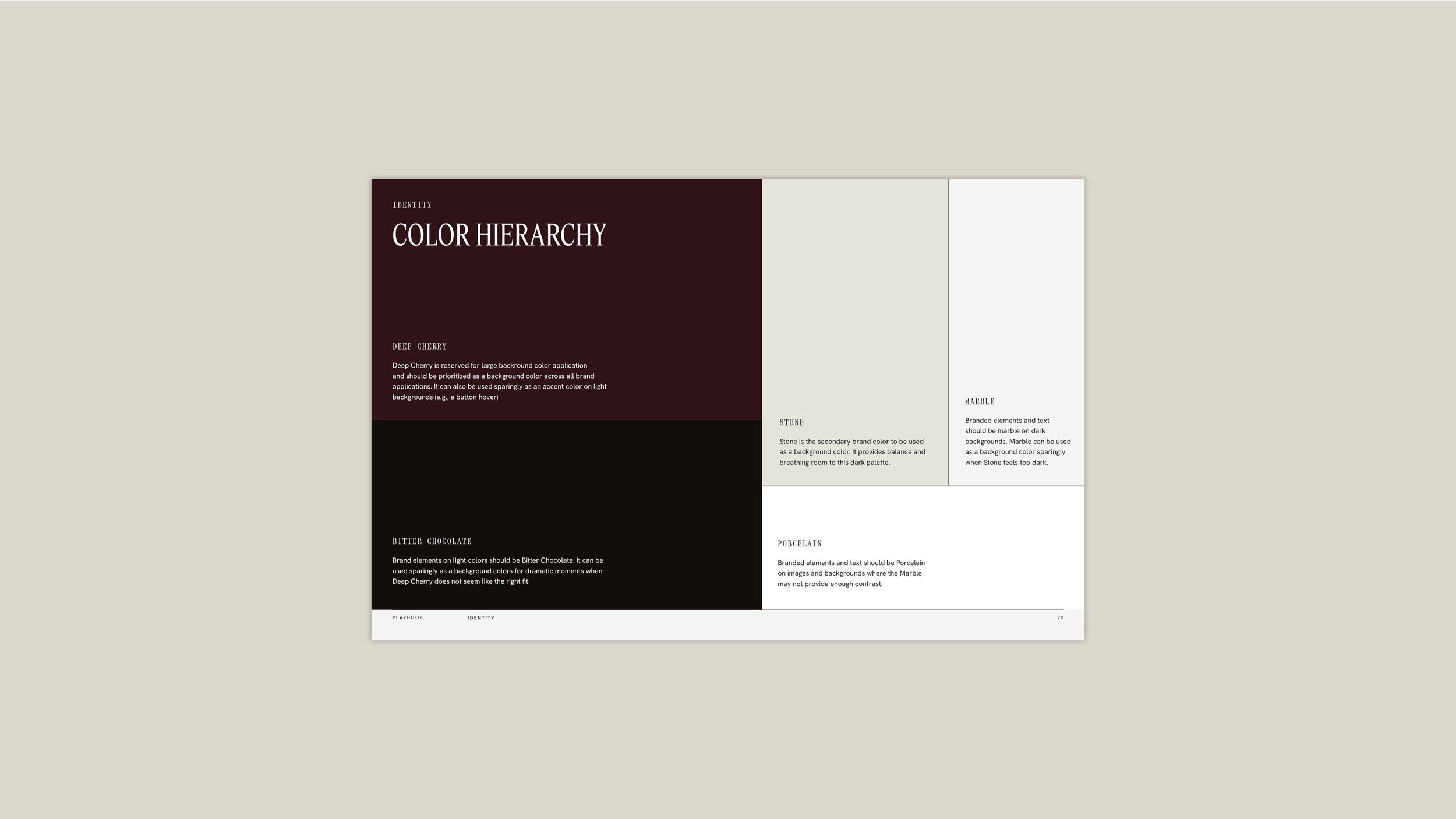 A color hierarchy chart with swatches and descriptions of deep cherry, bitter chocolate, stone, marble, and porcelain colors on a split background of dark and light colors.