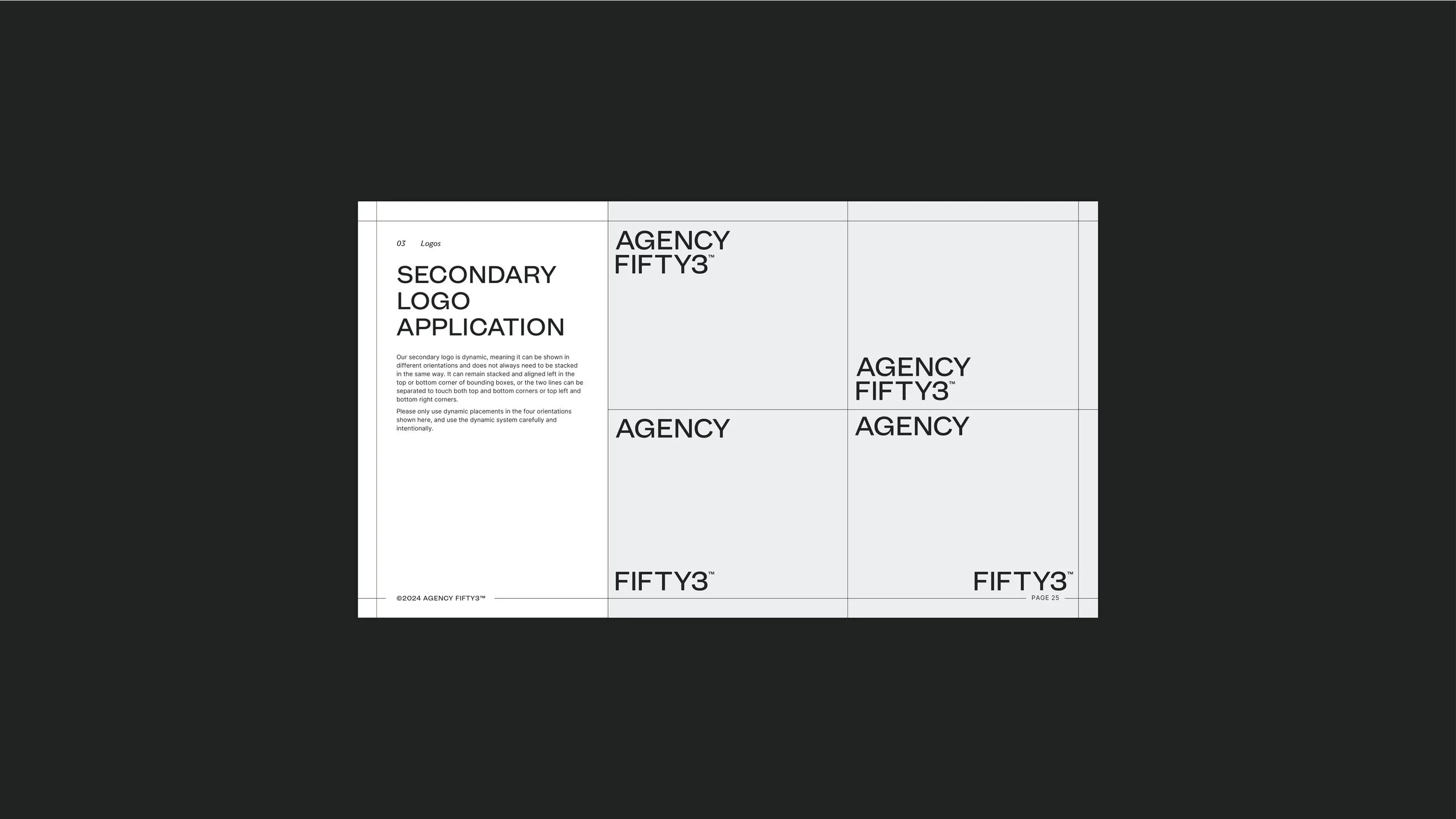 A grid layout design with multiple sections labeled 'AGENCY FIFTY3' and 'FIFTY3,' and a section titled 'SECONDARY LOGO APPLICATION' with explanatory text.