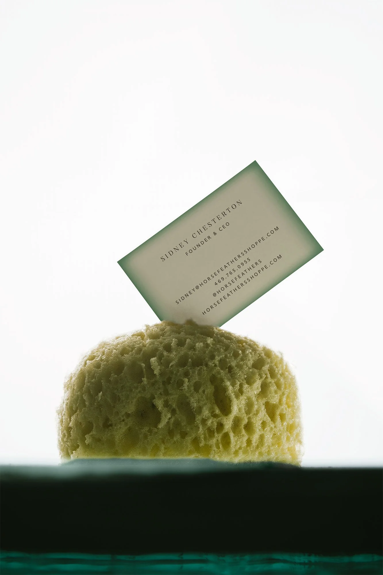 A yellow sponge with a business card on top, featuring contact information for Sidney Chesterton, founder and CEO of Horsefeather Shop.
