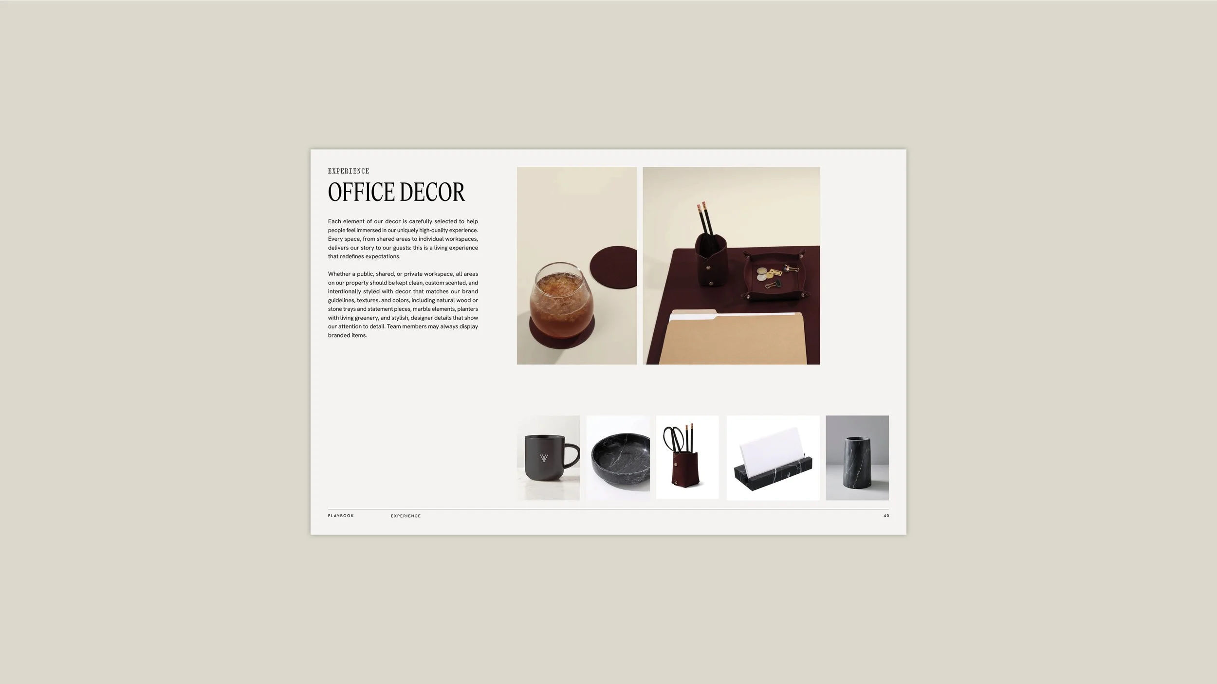 A digital catalog page titled 'Office Decor' showcasing various office accessories and decorations including a glass with a drink, a folder, a mug, a marble bowl, a pen holder with writing utensils, a white notepad holder, and a marble vase.