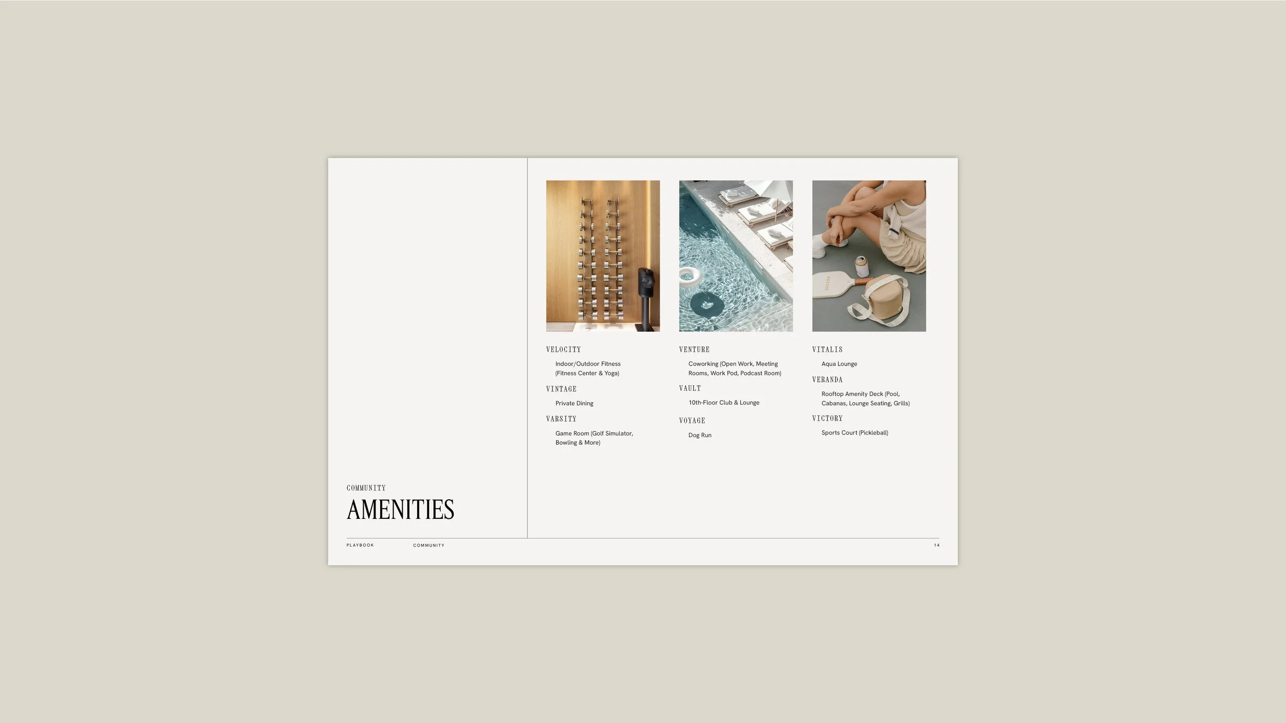 A community amenities brochure showing three images and a list of amenities including fitness, coworking, lounge, and sports court.