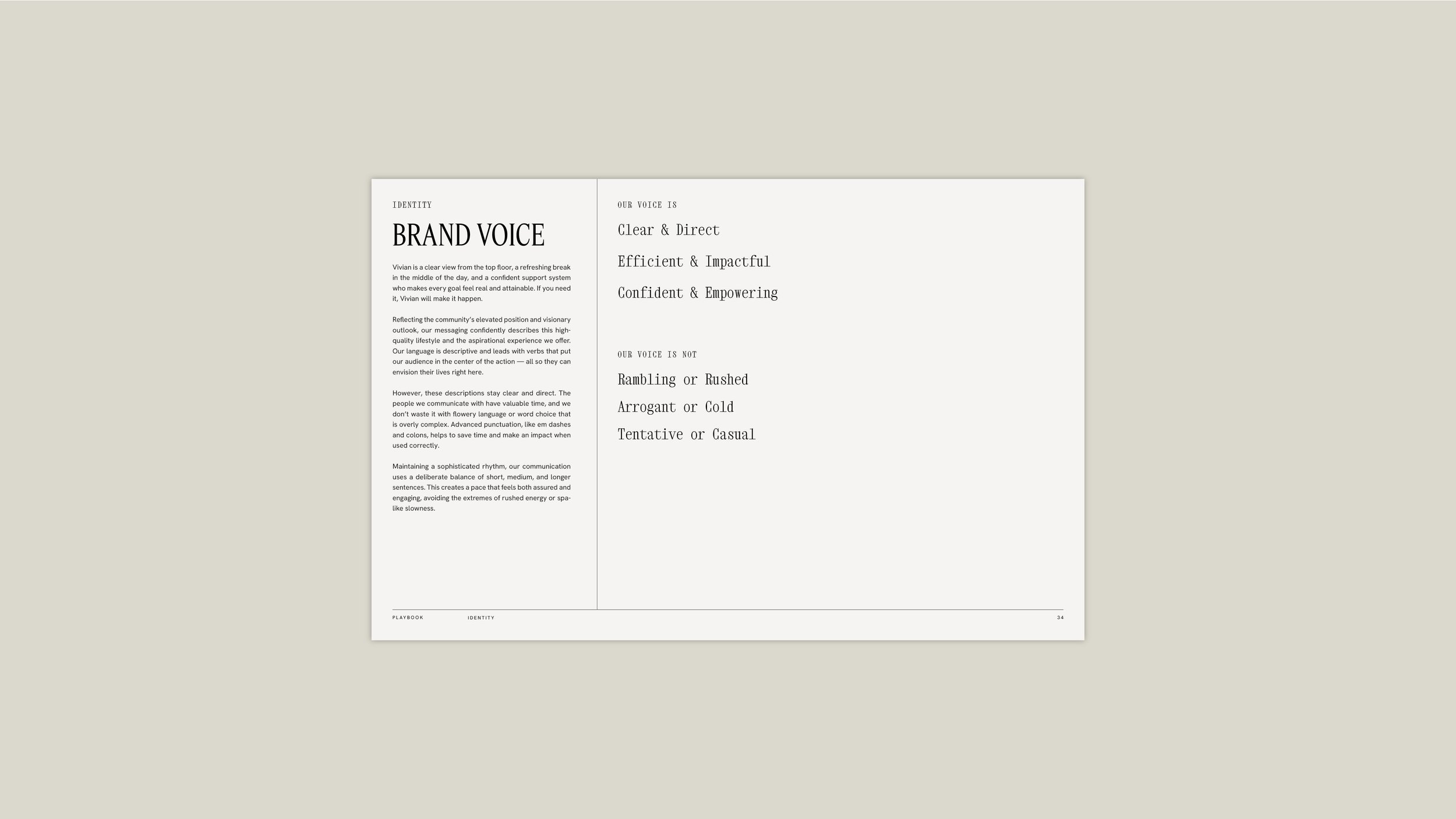 An open magazine or booklet with a section titled 'BRAND VOICE' on the left page and a list of characteristics on the right page, placed against a beige background.