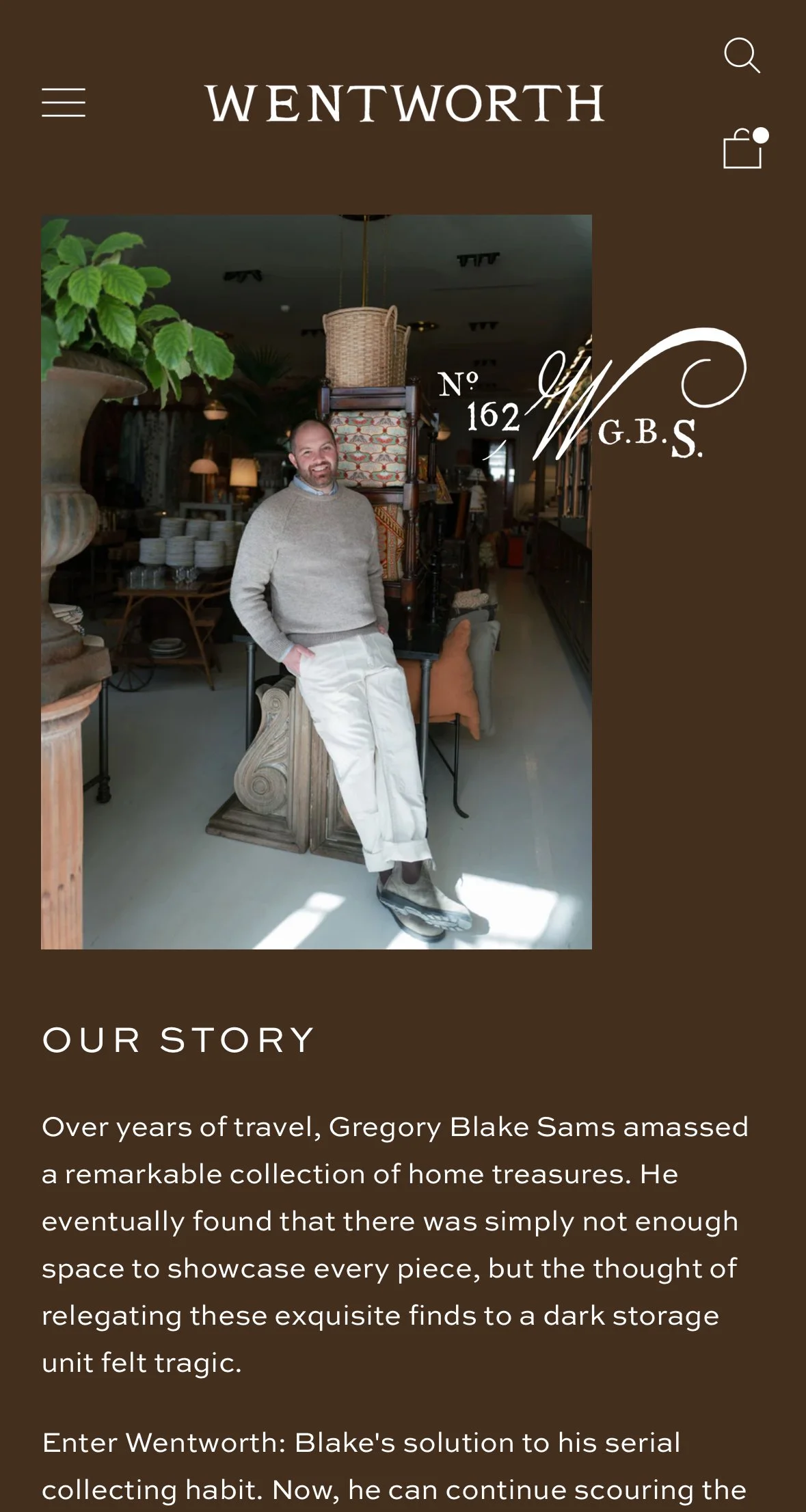 Screenshot of the Wentworth website featuring a man in a beige sweater and white pants standing in a store with antique furniture and decor.