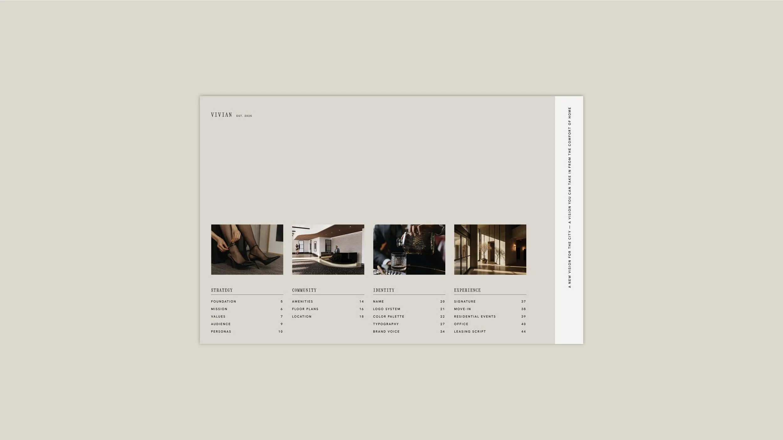 A website layout featuring a beige background with a central white section containing a grid of four images, and topics listed below each image including Strategy, Community, Identity, and Experience, with page numbers for related sections.