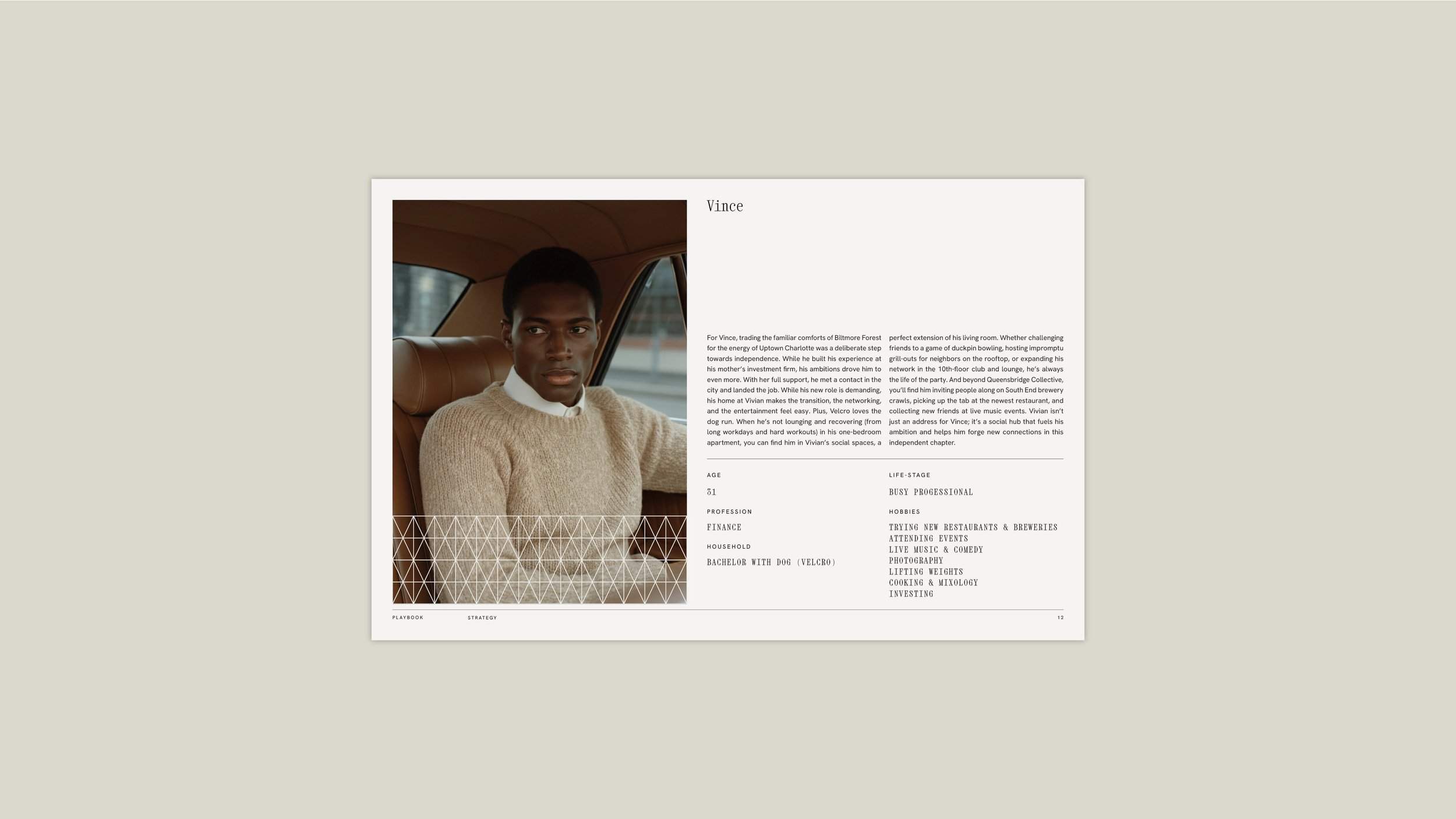 A digital profile page featuring a young African American man named Vince sitting in a vintage car. The page includes his age, profession, hobbies, and a brief personal biography on the right side of the page.