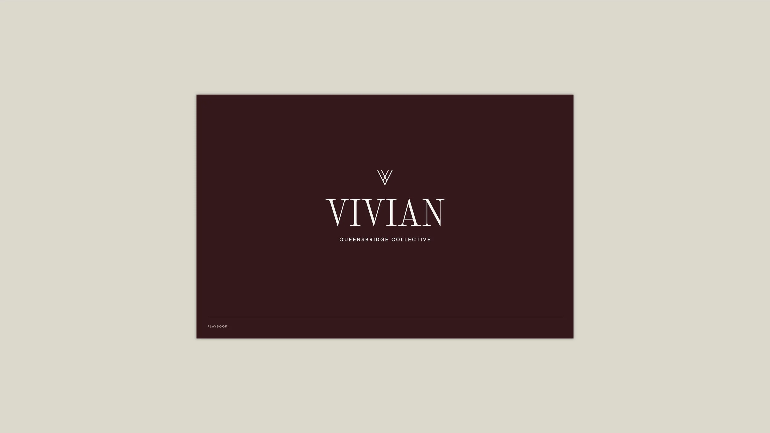 A dark burgundy booklet titled 'Vivian Queensbridge Collective' with a minimalistic design, placed on a light beige background.