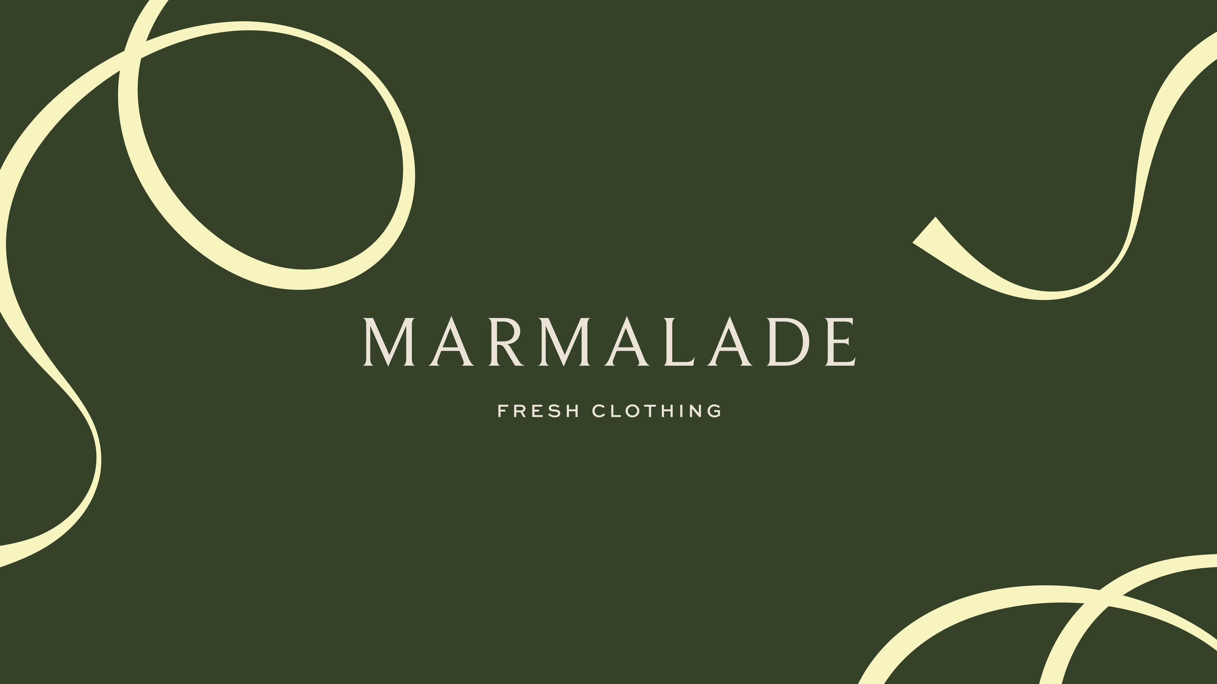Green background with cream-colored abstract line art and centered text that reads 'MARMALADE' with smaller text below 'FRESH CLOTHING'.