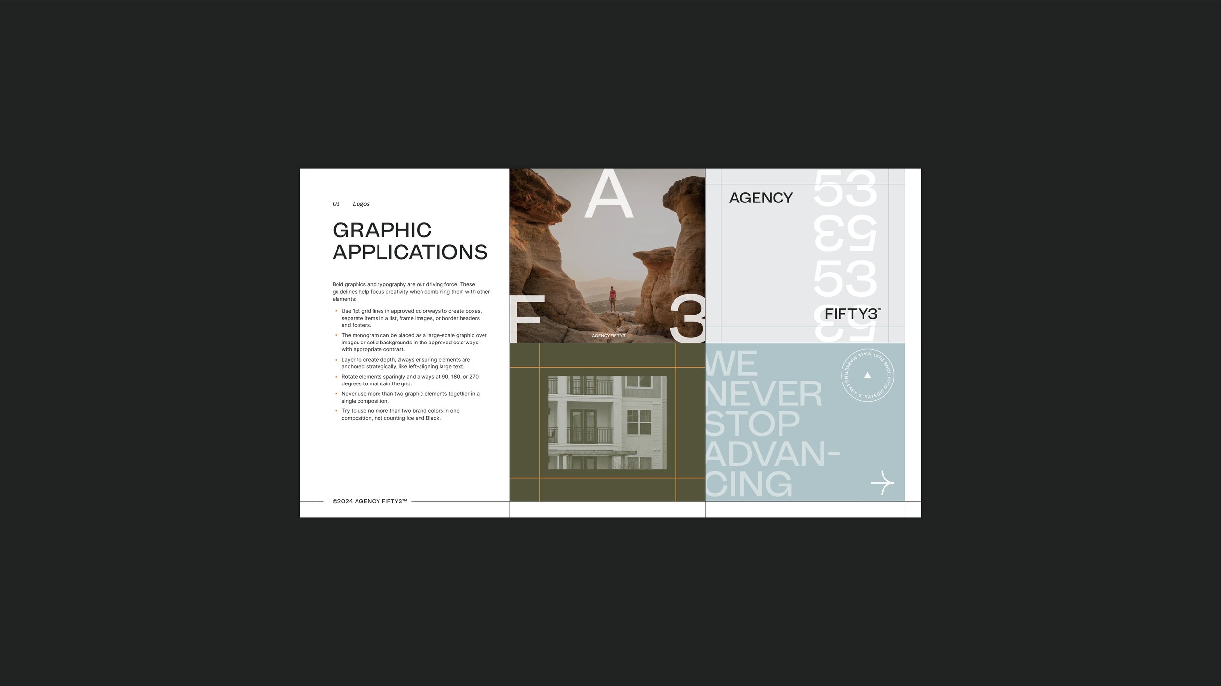 A digital magazine spread featuring graphic design elements, including a landscape photograph of a person in a desert canyon, bold typography, overlay text, and sample layout guides on a dark background.