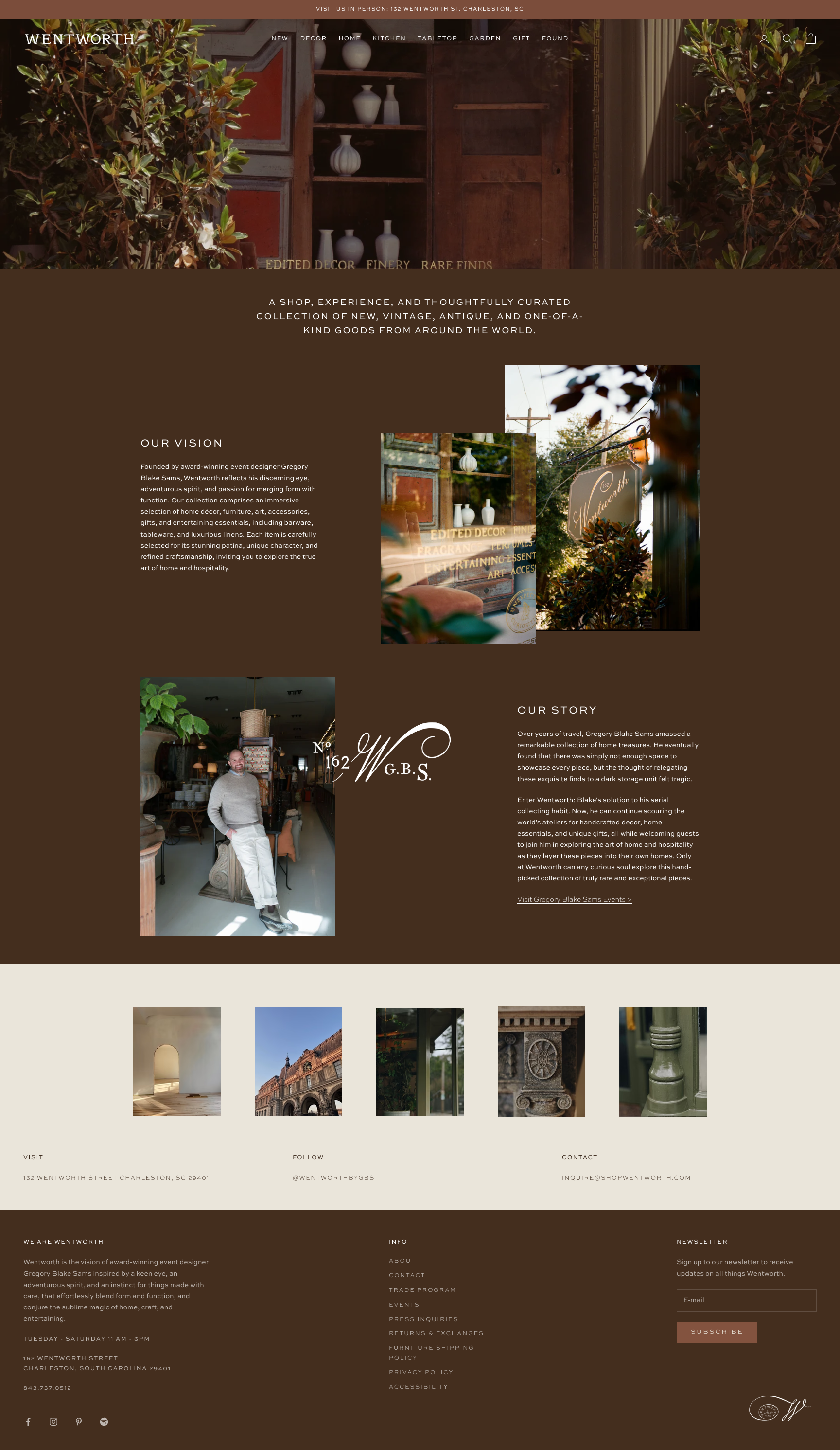 Webpage for Wentworth, an antique and vintage store in Charleston, SC, showcasing interior decor, furniture, and collectible items with images of the shop's products and a photo of Gregory Blake Sams in the store.