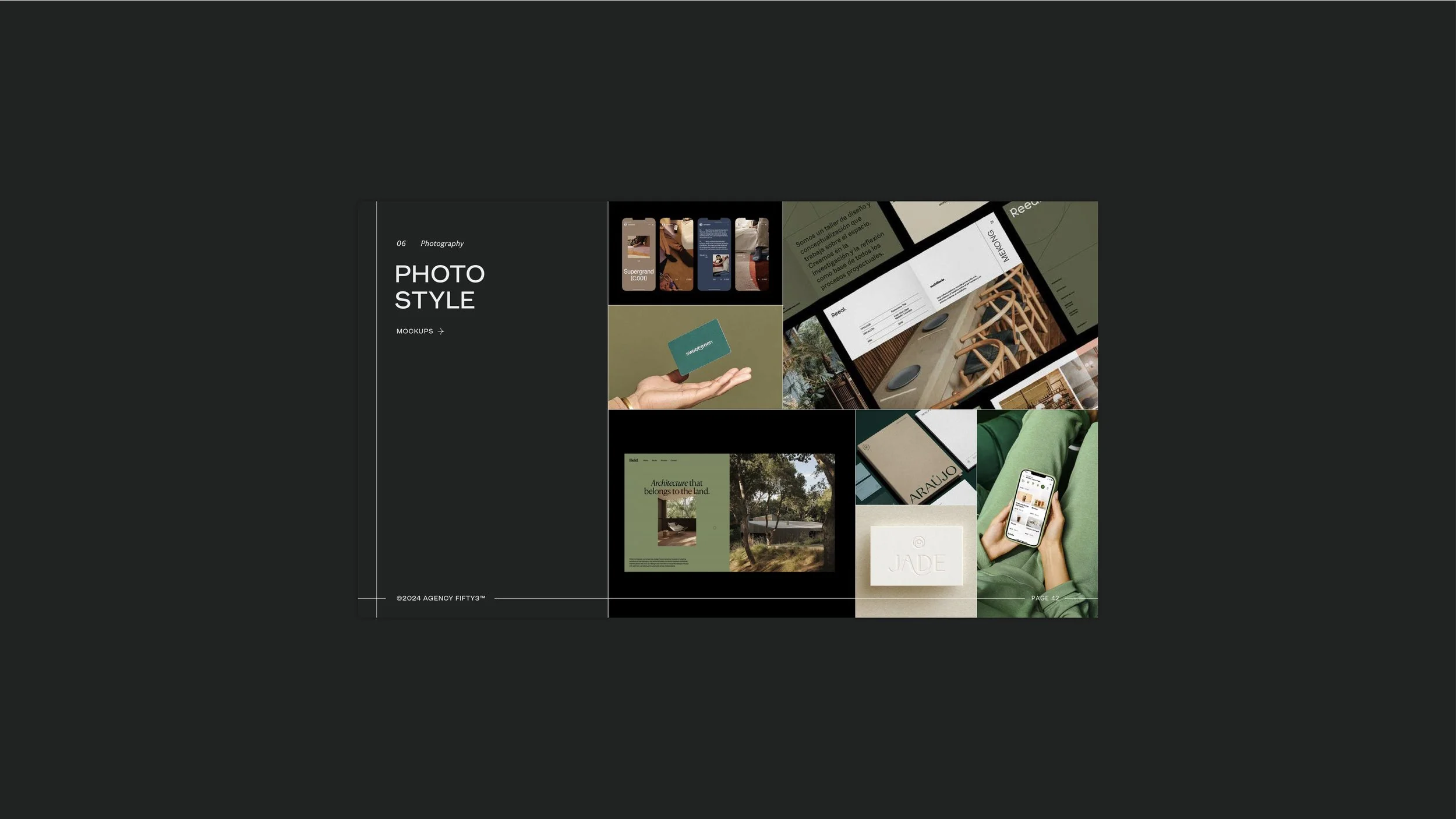 A collage of various digital and print design mockups and photos, including smartphone screens, branding materials, and website interfaces, on a black background.