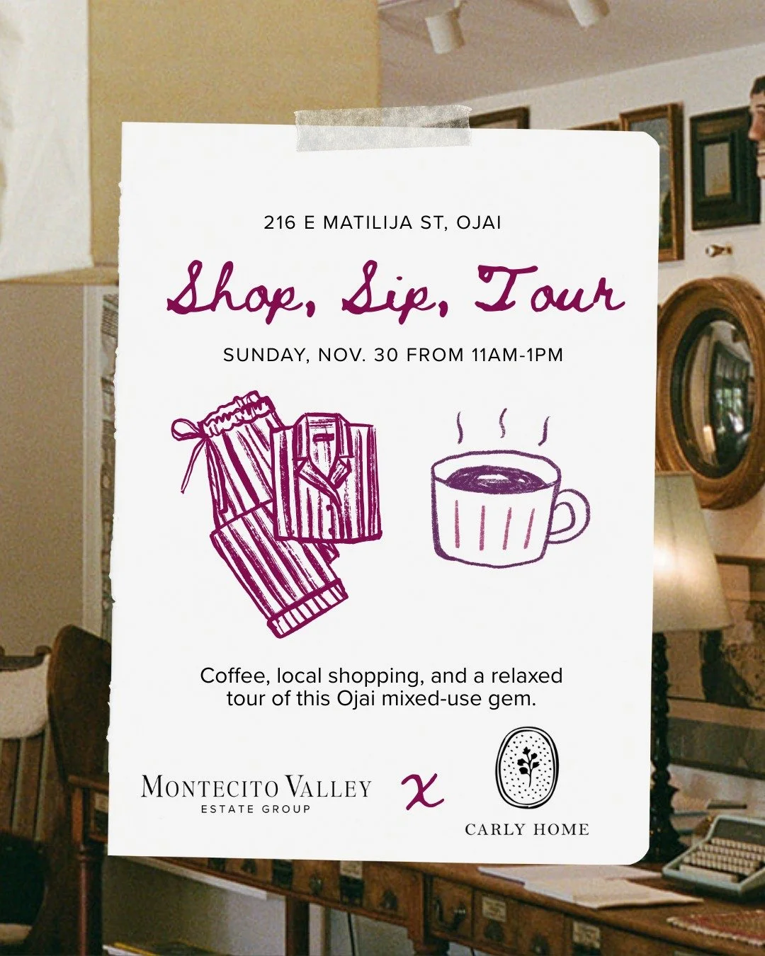 Matilija Pop-Up: Shop, Sip &amp; Tour!

This Sunday, we&rsquo;re opening the doors at 216 E Matilija for a fun, relaxed Ojai morning.

Swing by after the Farmers Market to:

&bull; Shop a curated @carlyhome display (linens, pjs, cozy favorites)
&bull