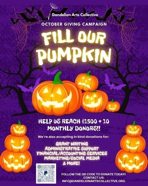 IT'S HEEEEEERE!!!!!!! Today's the day!!! We're kicking off 30 days of giving with our FILL OUR PUMPKIN Giving Campaign. Help us reach $1500 + 10 monthly donors. We're also accepting in kind donations for: 
- Grant Writing
- Administrative Support
- F