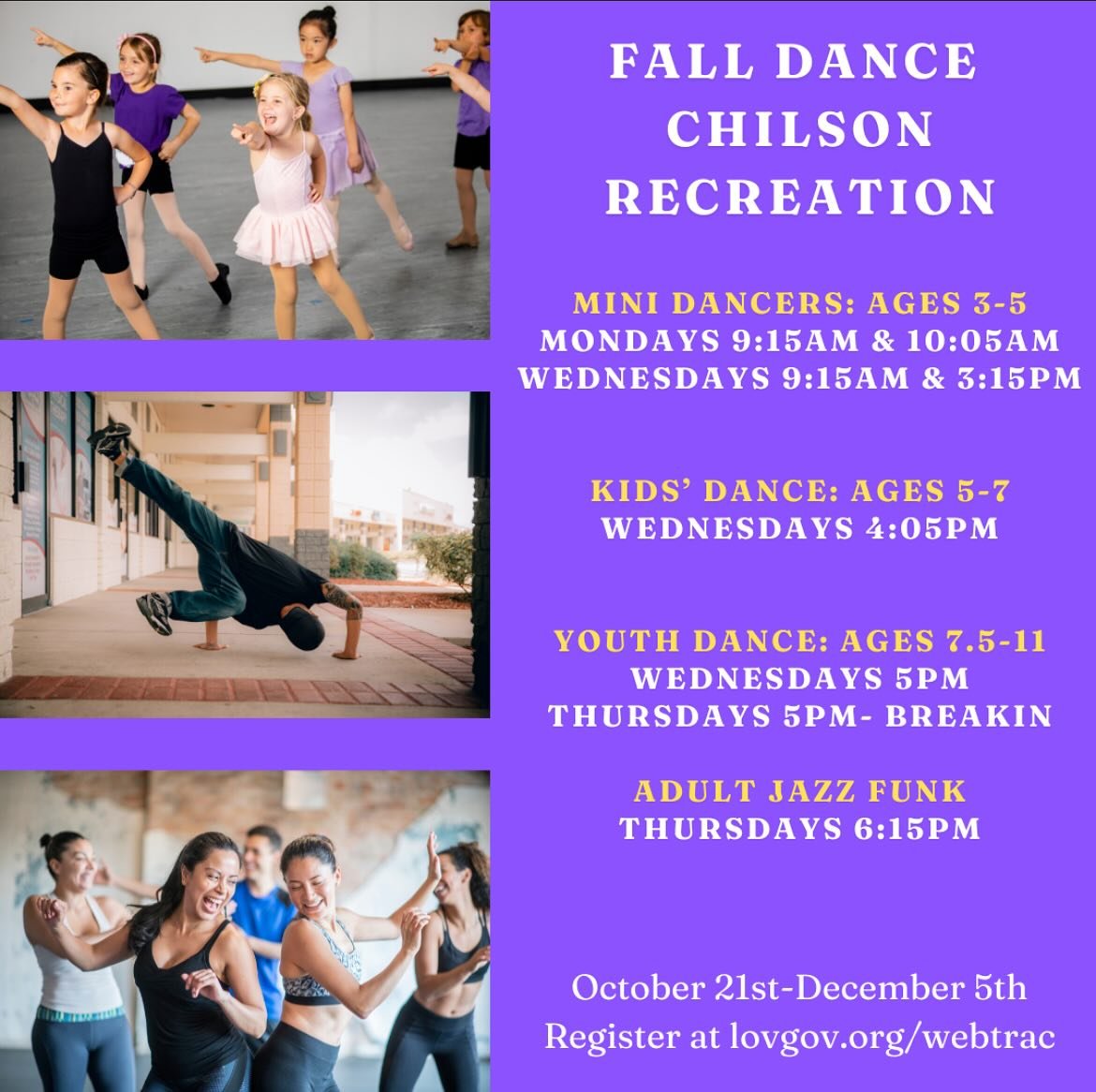 Fall Dance Session 2 begins next week at Chilson Rec Center!! Come dance and play!!! (Scholarships available!!) 

MINI DANCERS: AGES 3-5
MONDAYS 9:15AM &amp; 10:05AM
WEDNESDAYS 9:15AM &amp; 3:15PM 

KIDS&rsquo; DANCE: AGES 5-7
WEDNESDAYS 4:05PM

YOUT