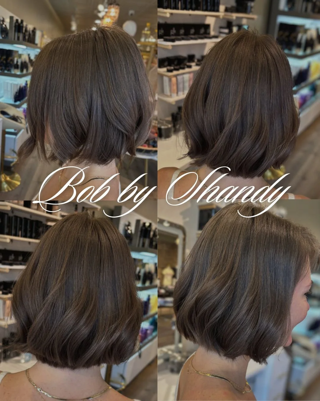 Sleek, soft bob by Shandy. Chin-length with a beveled edge and light internal layers for airy movement, finished with a cool brunette gloss for shine. Book with Shandy or any of our team at Allure Designs.
