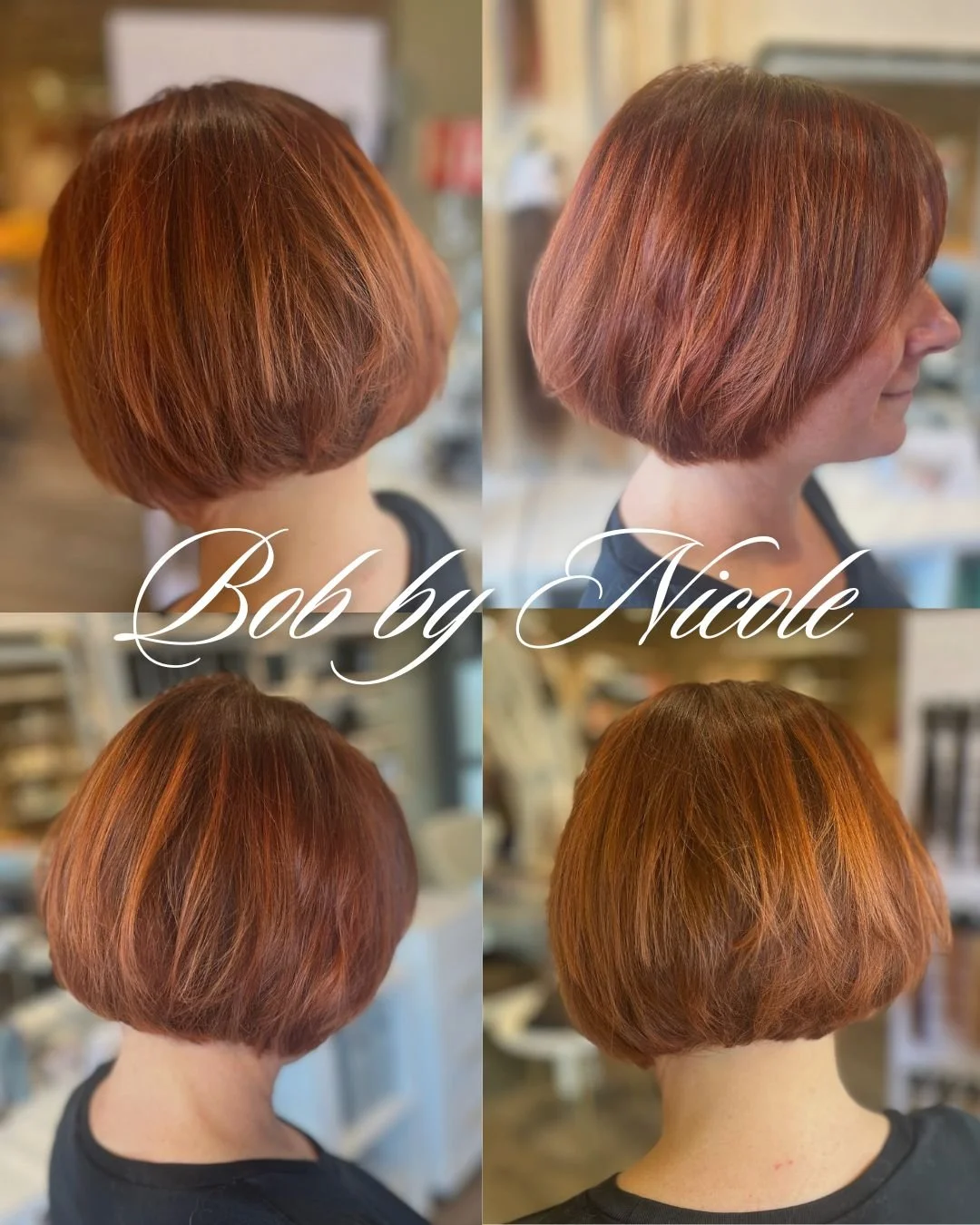 Rounded, glossy bob by Nicole. A soft bevel through the nape, light internal layers for movement, and a warm copper finish that makes the shape pop. Book with Nicole or any of our great team at Allure Designs. Click the link in our bio or call the sa