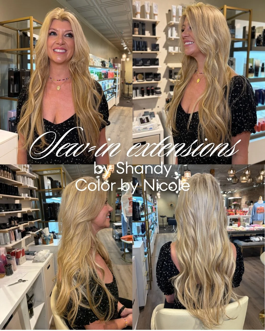 Shandy added sew-in extensions to build out density and give that soft, effortless movement. Nicole refined the color to keep everything seamless from root to ends, so nothing feels overdone or disconnected.

The goal here was natural. Something that
