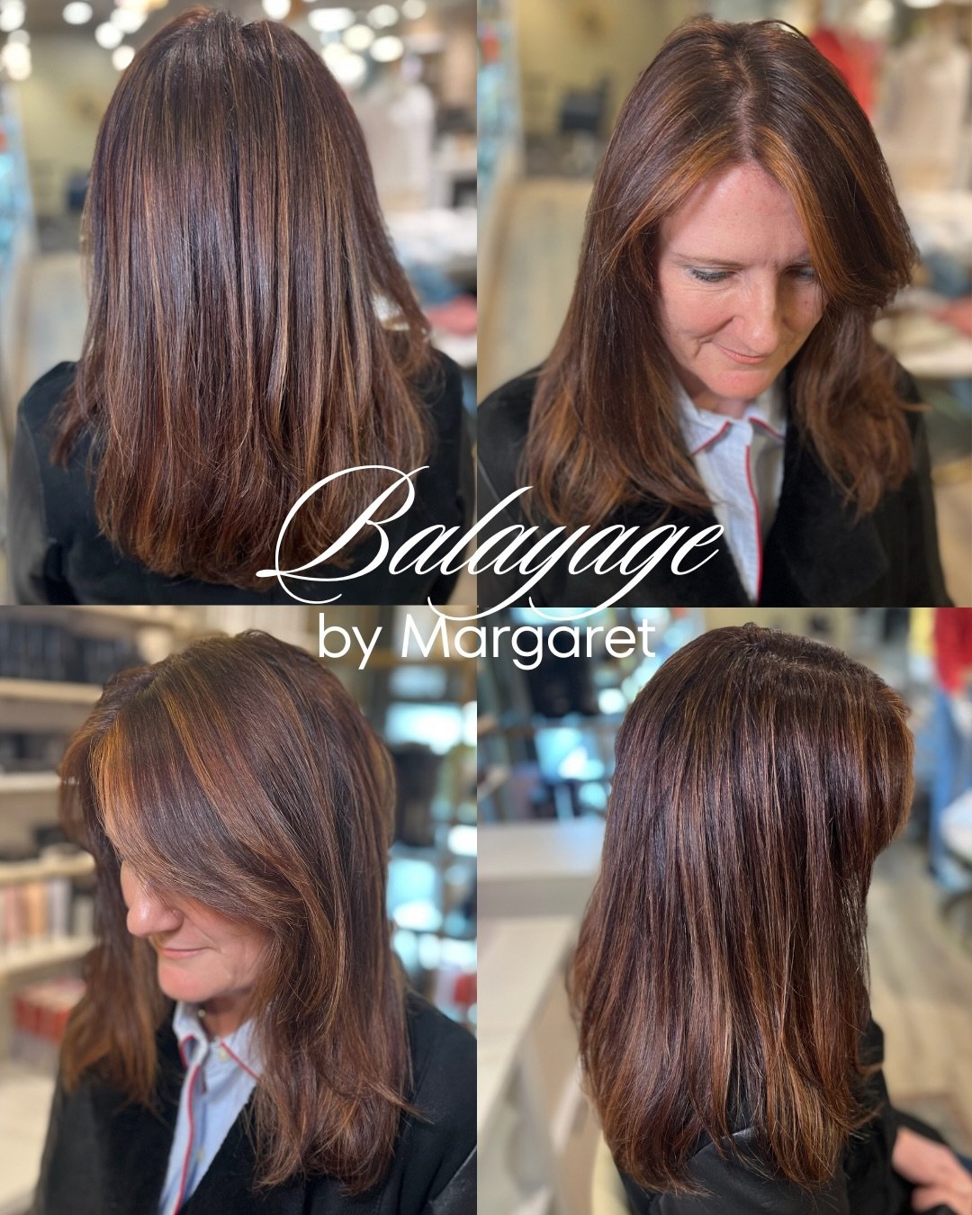 Margaret added balayage through the mid-lengths and around the face to break up the solid brunette and bring in warmth and dimension. The result feels natural, grows out gently, and gives just enough lightness to make everything feel refreshed.

This