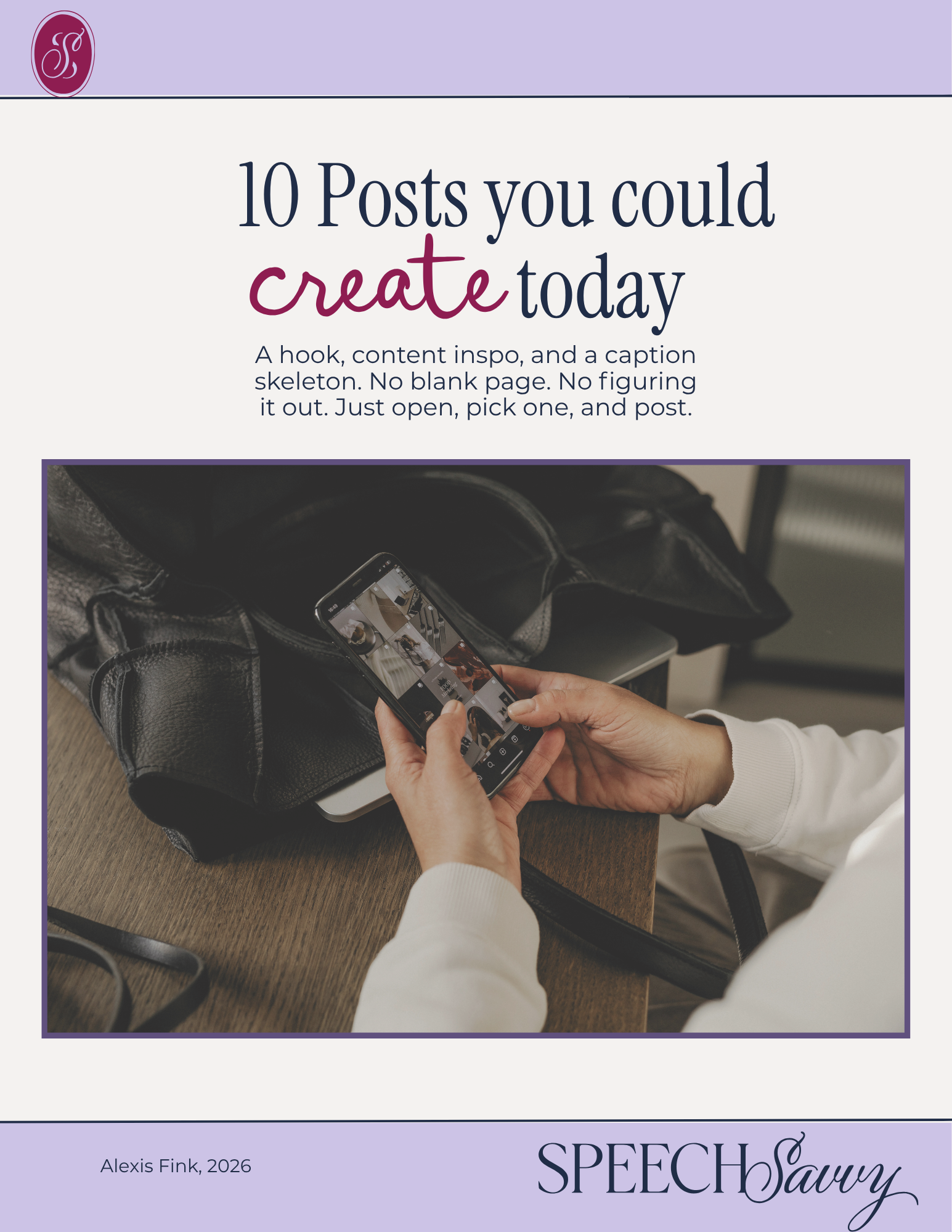 Cover page of a guide titled '10 Posts you could create today,' featuring a person taking a photo with a smartphone, with text about content creation.
