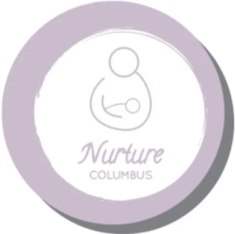 Logo of Nurture Columbus featuring a simplified outline of a figure cradling a baby within a circular design.