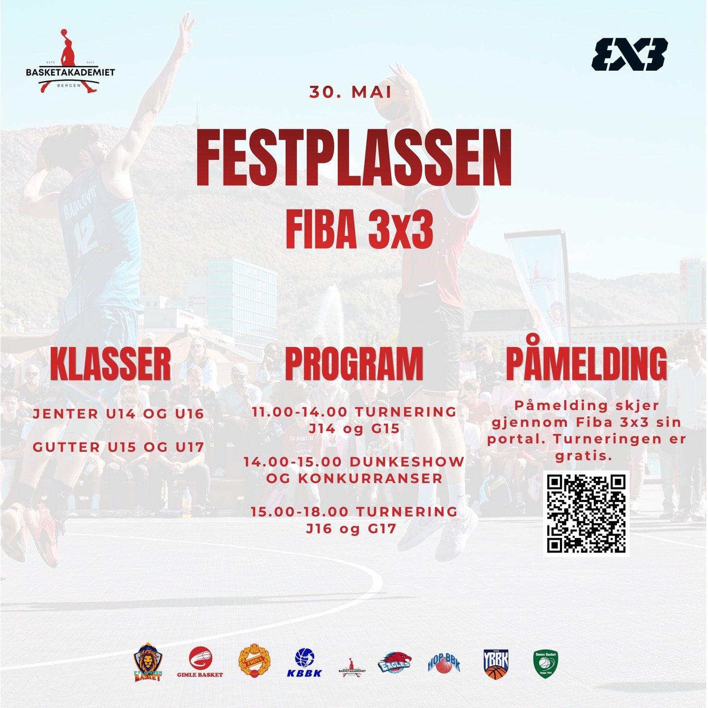 3x3 p&aring; Festplassen &ndash; 30. mai!

BasketAkademiet inviterer til 3x3-turnering midt i Bergen sentrum.

Klassene: G15, G17, J16 og J14

Alle kan melde seg p&aring; s&aring; lenge det er ledige plasser &ndash; dere trenger ikke v&aelig;re fra e