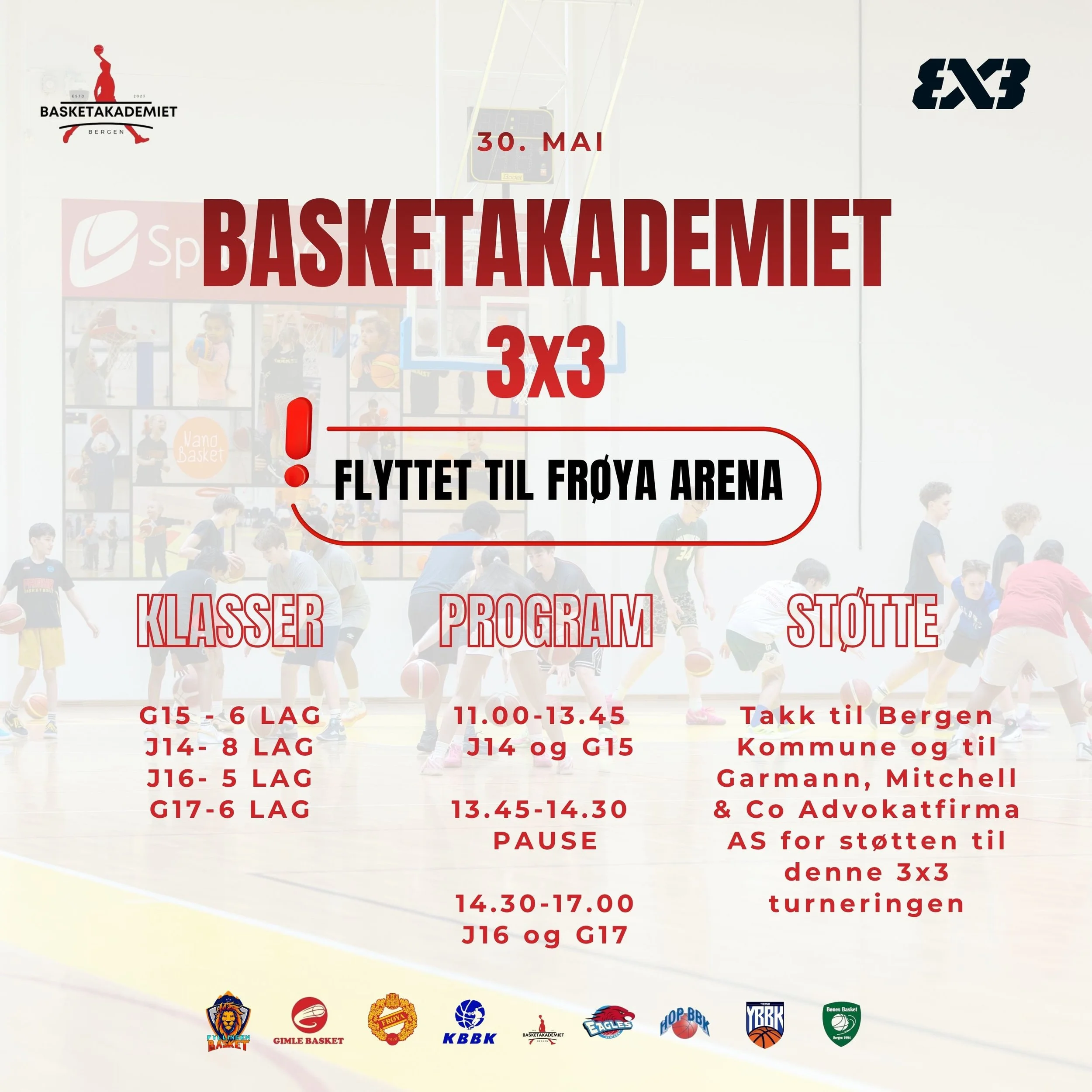 L&oslash;rdagens 3x3-turnering er flyttet inn i Fr&oslash;ya Arena grunnet d&aring;rlig v&aelig;rmelding 🌧️🏀

Dessverre er det meldt d&aring;rlig v&aelig;r, og vi kan derfor ikke spille utend&oslash;rs p&aring; Festplassen denne l&oslash;rdagen. Tu
