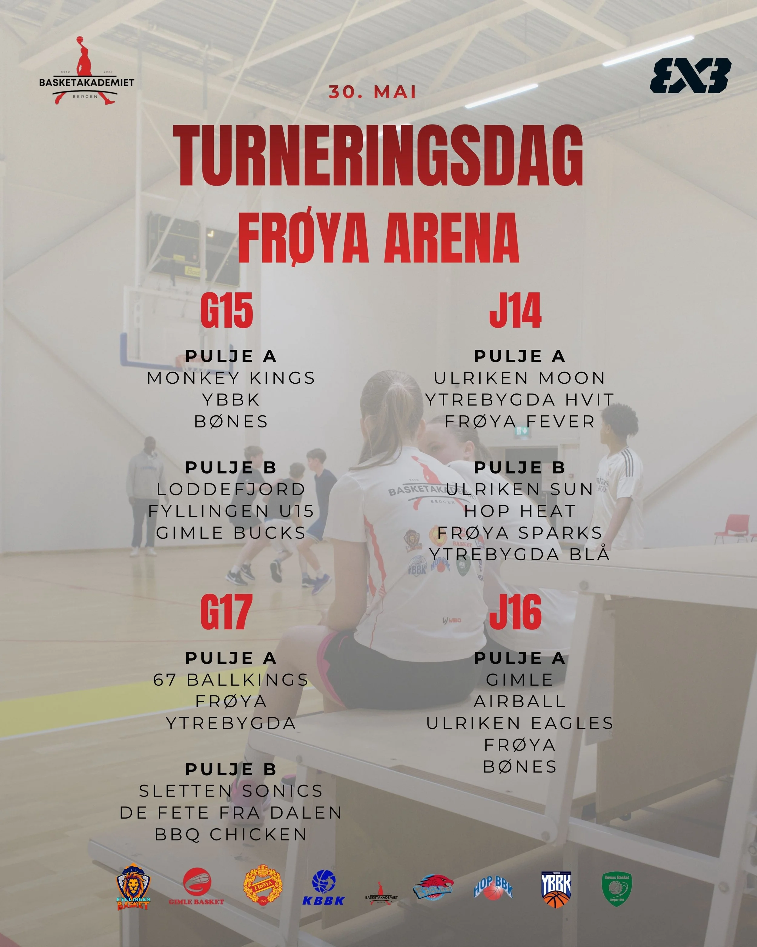I dag er det duket for 3x3-turnering i Fr&oslash;ya Arena for klassene J14, G15, J16 og G17!

⏰ J14 og G15 spiller fra 11:00&ndash;13:30
⏰ J16 og G17 spiller fra 14:30&ndash;17:00

Alle er hjertelig velkommen til Fr&oslash;ya Arena for masse action, 