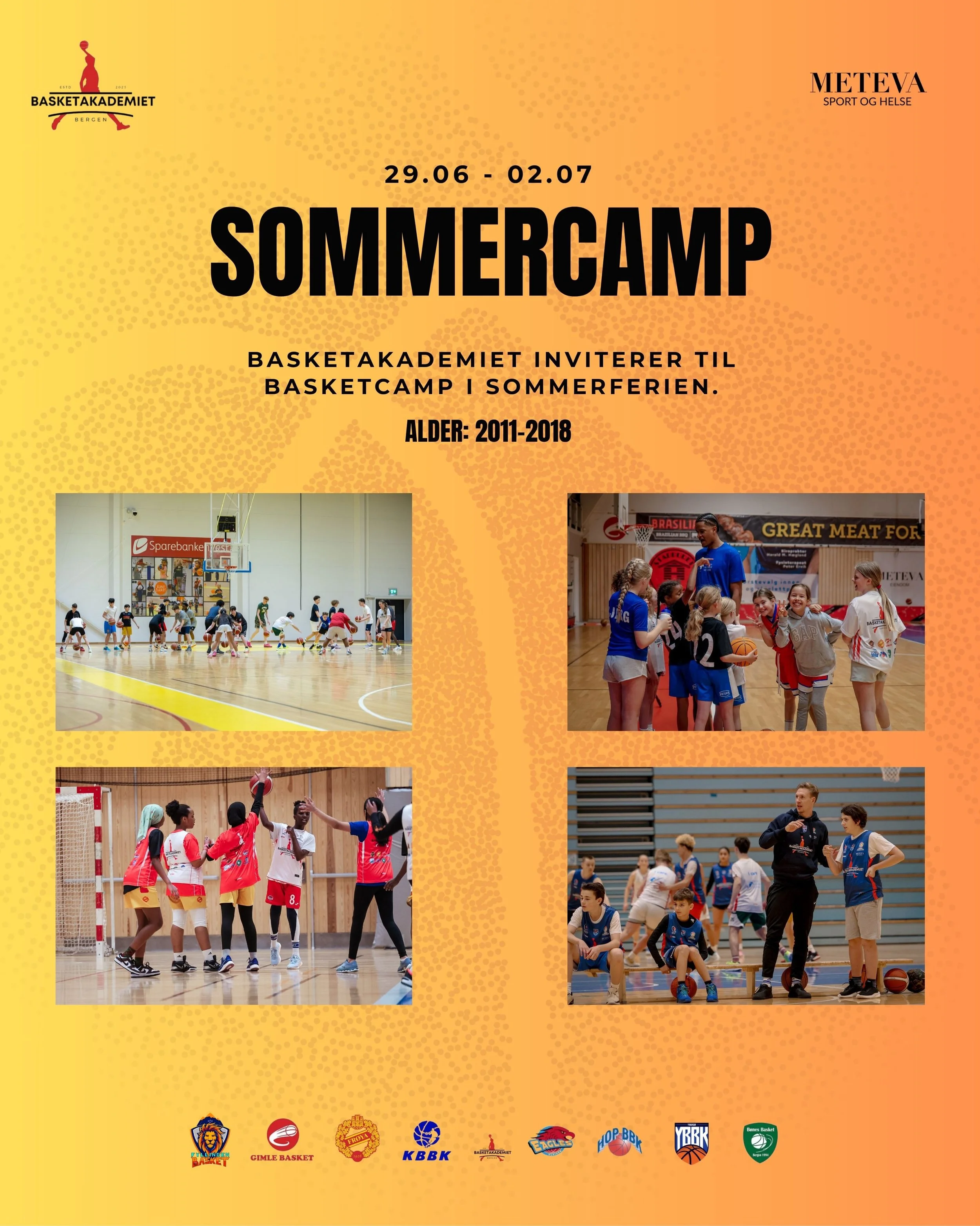 BasketAkademiet inviterer til sommercamp fra mandag 29. juni til torsdag 2. juli! ☀️🏀

Campen arrangeres hver dag fra klokken 10:00 til 15:00, og er &aring;pen for spillere f&oslash;dt fra 2011 til 2018.

Fordeling av haller:

* Haukelandshallen: je