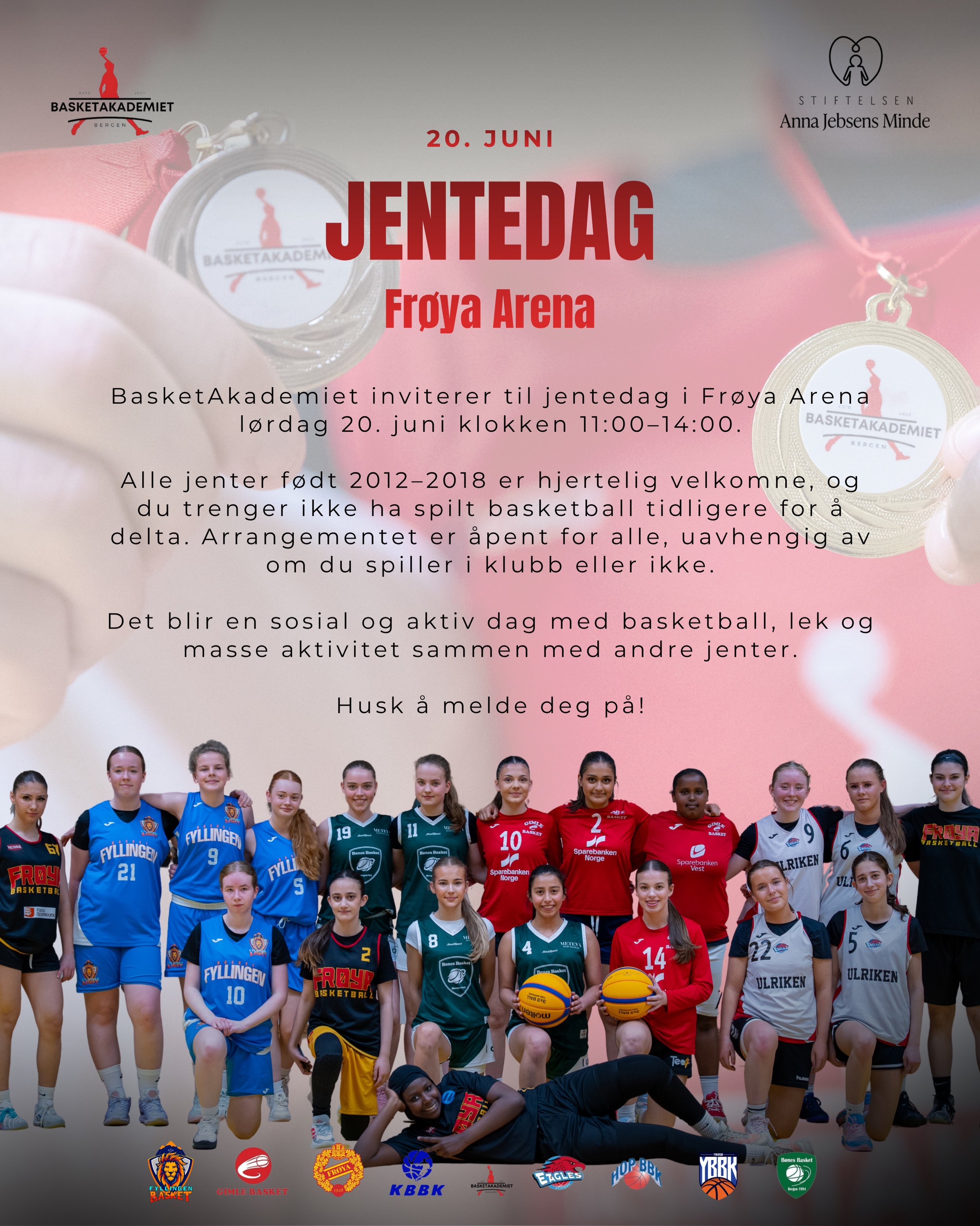 🏀 JENTEDAG I FR&Oslash;YA ARENA 🏀

L&oslash;rdag 20. juni inviterer BasketAkademiet til en sosial og aktiv dag fylt med basketball, lek og masse g&oslash;y for jenter f&oslash;dt 2012&ndash;2018.

Ingen tidligere erfaring er n&oslash;dvendig &ndash