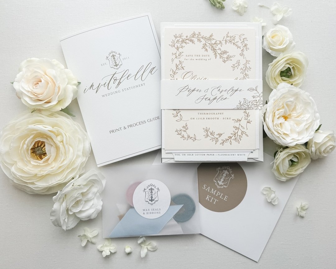 Choosing your wedding paper goods is such a tactile experience. You want to run your fingers over the different paper stocks and envision how the colors and designs will look printed. That's why we're excited to offer our Sample Kit!

Our Sample Kits