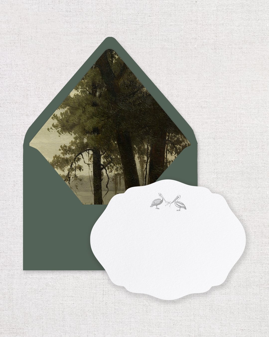 ✨ Introducing our heirloom Pelican Note Card Set - where Southern charm meets artisanal craftsmanship ✨​​​​​​​​
​​​​​​​​
Each scalloped card is lovingly letterpress printed with a delicate pelican duo, paired with sage green envelopes lined with drea