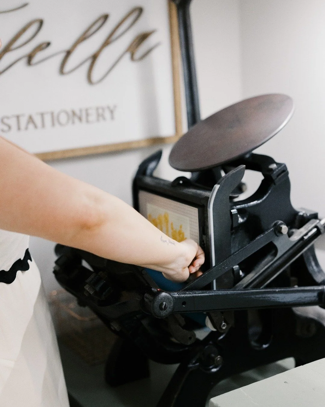 The magic happens one impression at a time ✨ Loading up our beloved Chandler &amp; Price press for another dreamy invitation suite. Let's be honest: there's nothing quite like the whispered sound of a plate &amp; ink kissing paper. Each pull creates 