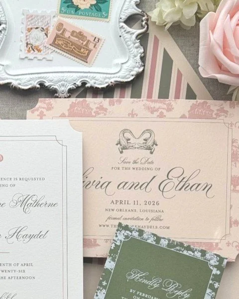 This suite has ALLIGATORS on the bridal luncheon cards and we're not even a little bit sorry about it. 🐊💚

A sneak peek at a fully custom heirloom suite with all the details: personalized toile, custom illustrations, and did we mention alligators? 