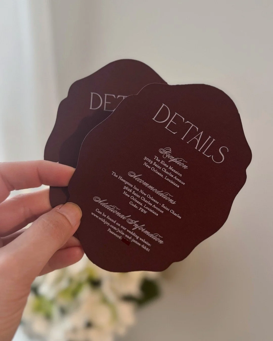 That moment when your details card looks this good. 😍

Custom scalloped die-cut in rich burgundy with white ink printing. Another sneak peek from a suite in progress!

#weddinginvitations #weddingstationery #customweddinginvitations #detailscard #lu