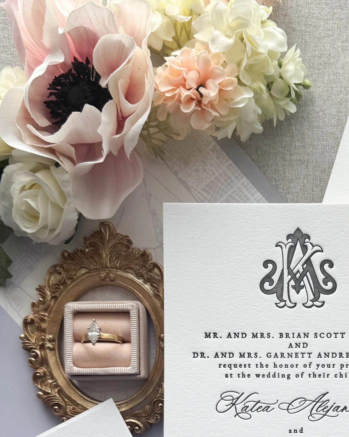 Just a glimpse of what's coming! 

This custom @shulerstudio monogram was pressed deep into the softest cotton paper, the kind that makes you want to run your fingers across every letter. Lavender, black and white tones for a bride who knows what she