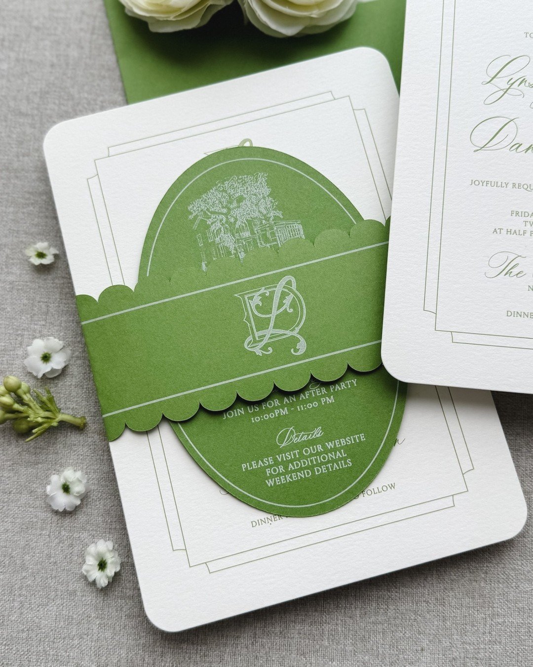 A sneak peek at Lynsey and Danny's heirloom suite 💚

Grand Millennial perfection in gumdrop green and white for their March celebration. 

Every detail was thoughtfully crafted: scalloped edge belly bands that add the sweetest vintage charm, a custo