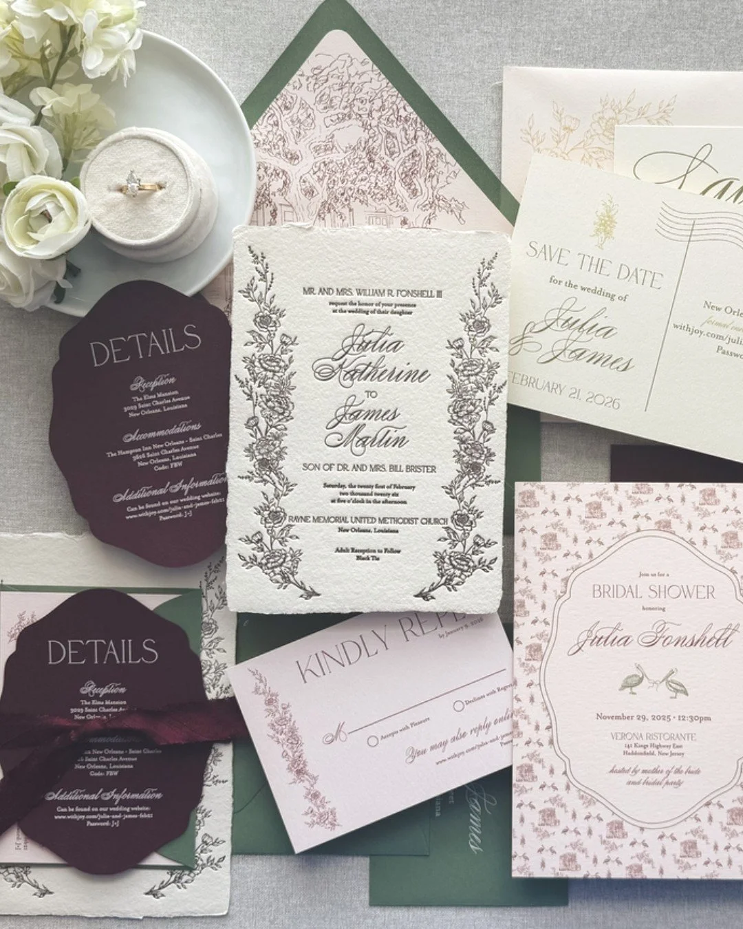 When a couple asks for all the drama, you deliver ALL the drama. 🤍 

Julia &amp; James's heirloom suite was fully custom from start to finish: letterpressed on handmade deckled edge paper, white ink printing, die cuts, silk ribbon, and every detail 