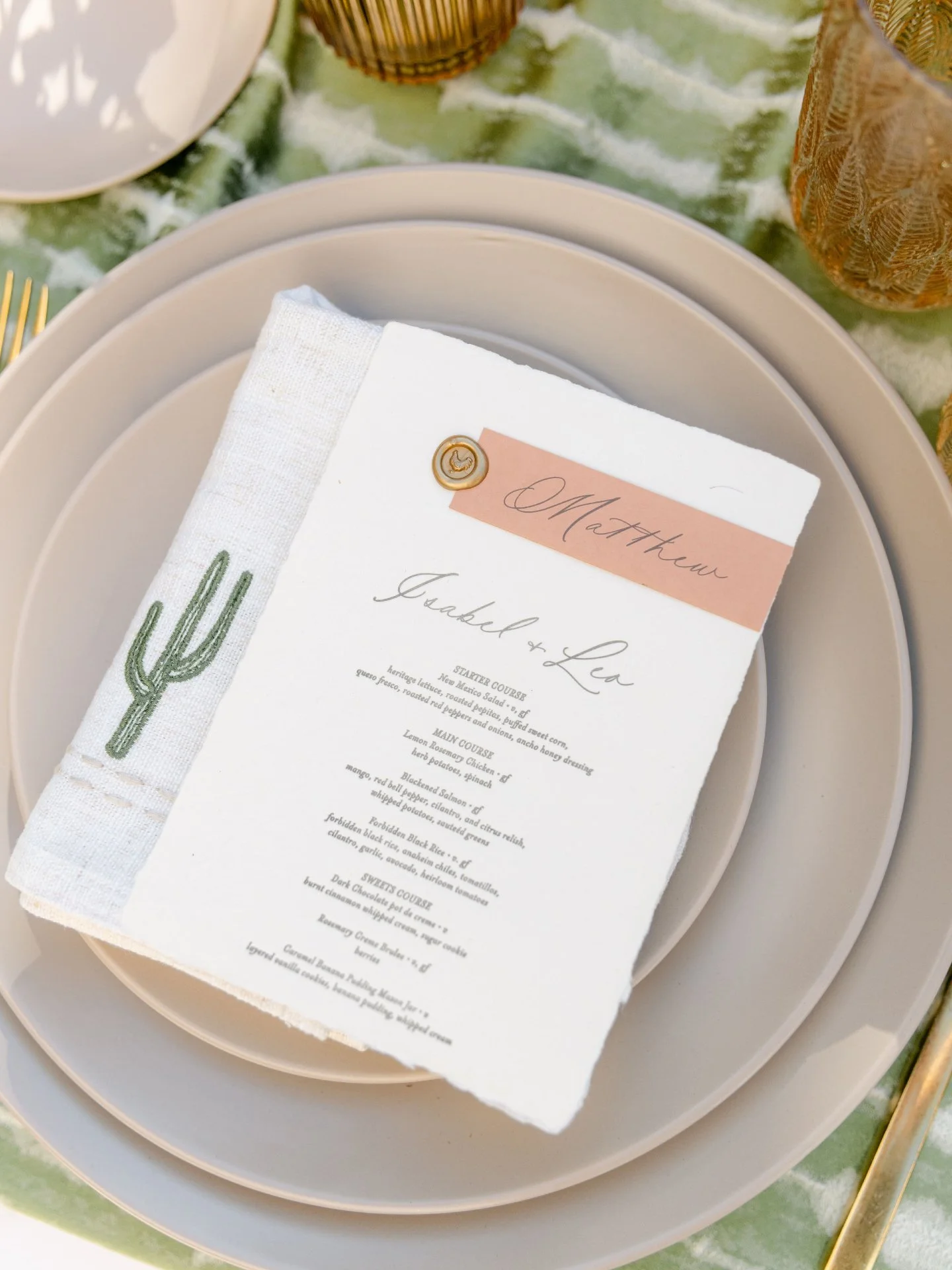 Letterpress + wax seals + the most dreamy desert tablescape = our whole heart. 🌵🤍

We had so much fun bringing this styled shoot vision to life with this hand-lettered menu design featuring a warm terracotta color block, deckle-edge paper, and the 
