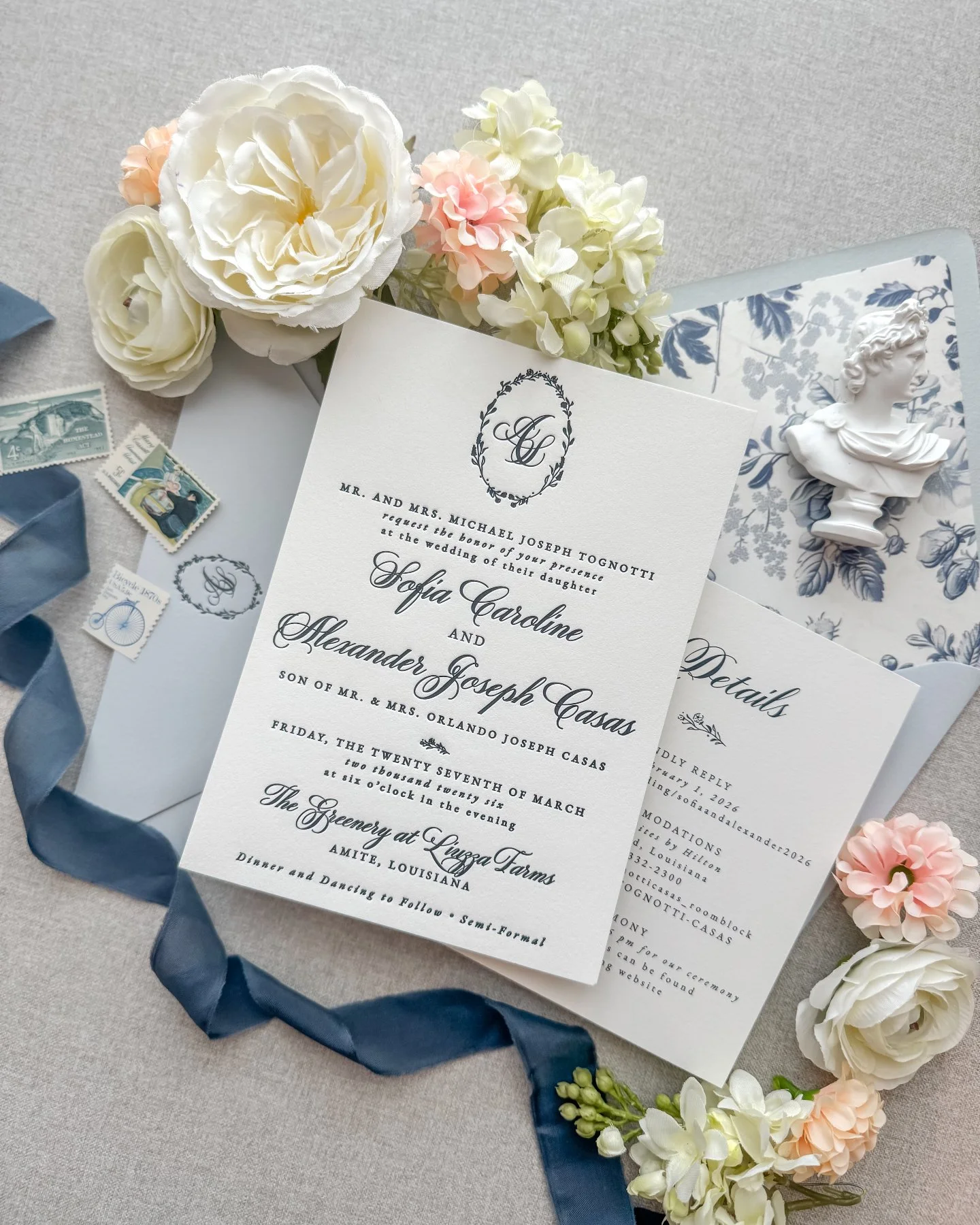 The Adeline collection, made entirely their own. 🤍

Sofia and Alexander's suite features a custom monogram crest letterpressed in navy ink on soft cotton paper, paired with a dusty blue envelope and a toile liner that feels like something straight o