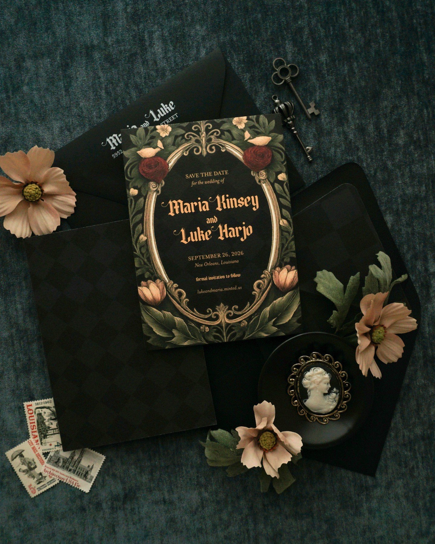 Dark, dramatic, and completely them.

Maria and Luke are getting married in New Orleans, and their save the dates needed to say that before a single word was read. Deep forest green, moody botanicals, a gilded oval frame, blackletter type, and that u