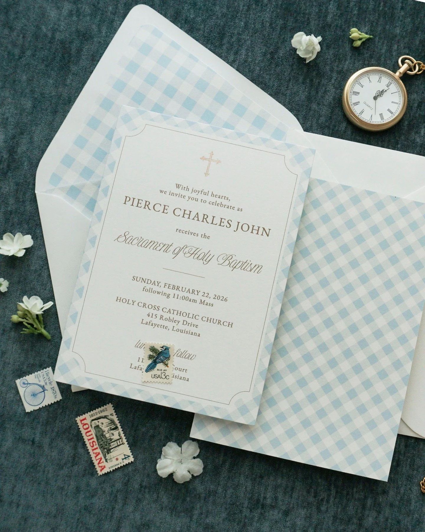 Some days are written on the heart long before the ink ever touches the paper.

Pierce received the Sacrament of Holy Baptism at Holy Cross Catholic Church in Lafayette, and his invitation suite was made to hold the weight of that moment. Clean typog
